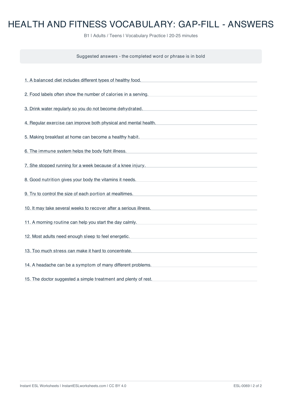 Page 2 of Health and Fitness Vocabulary: Gap-Fill - answer key