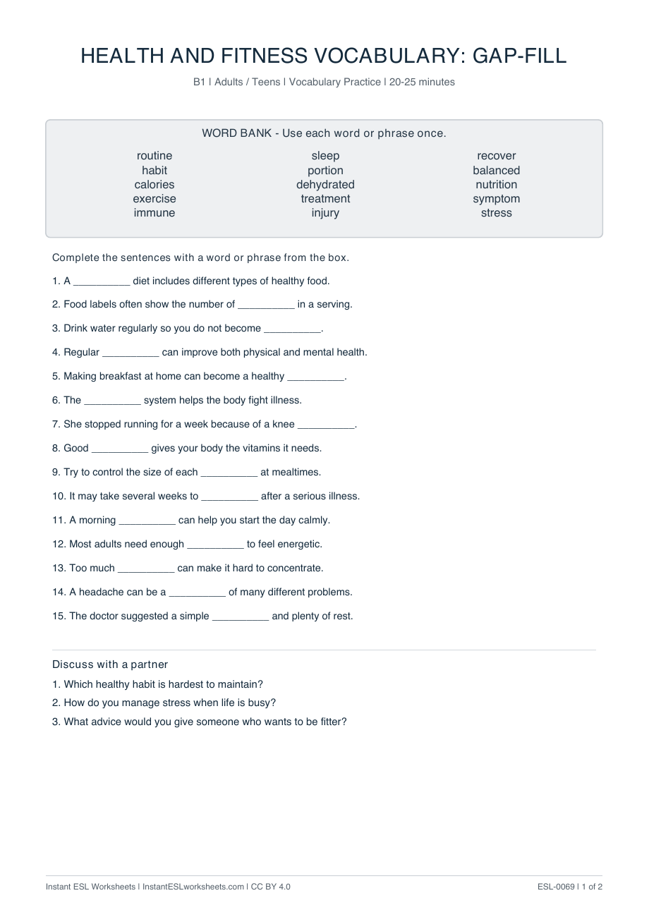 Page 1 of Health and Fitness Vocabulary: Gap-Fill