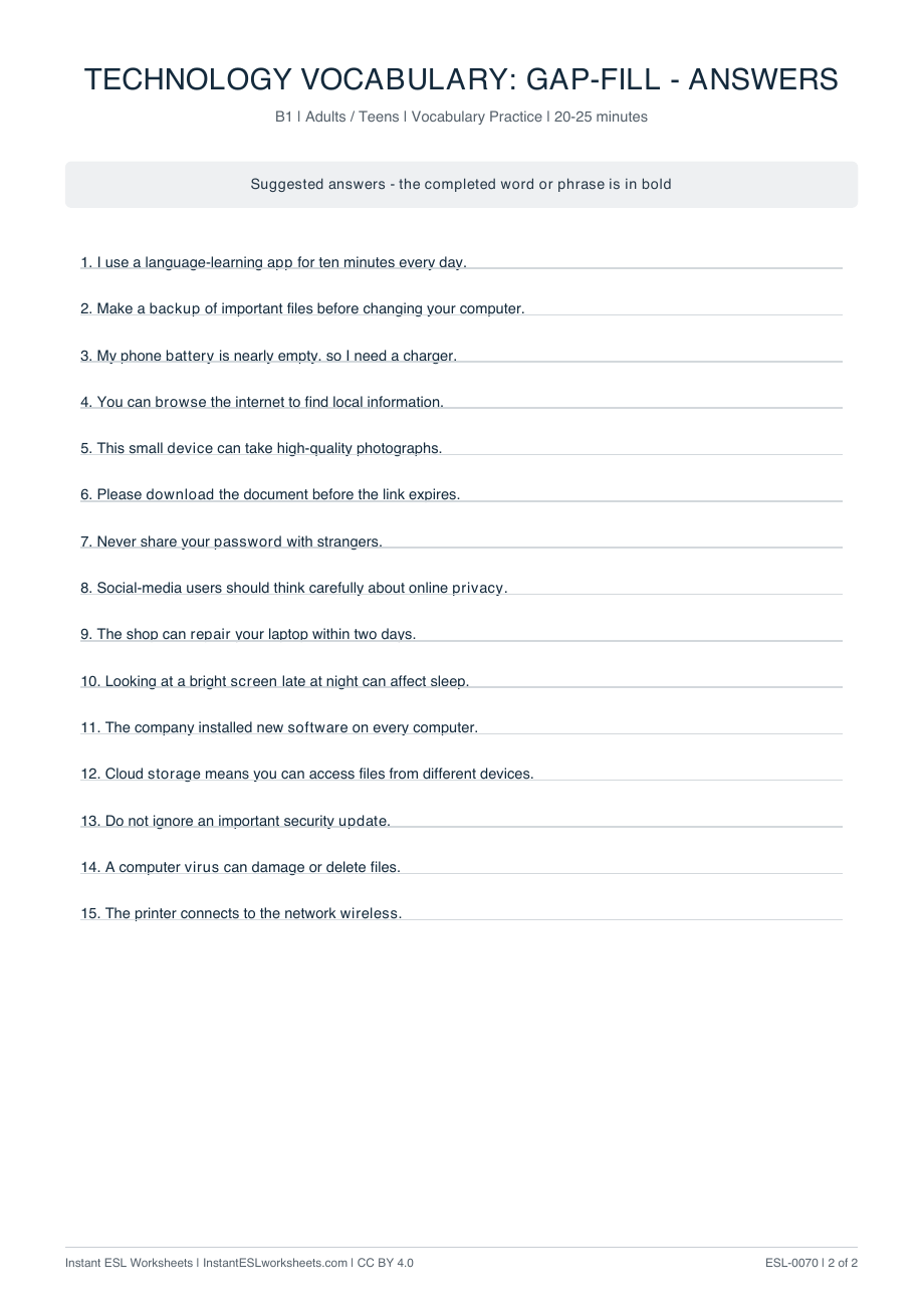 Page 2 of Technology Vocabulary: Gap-Fill - answer key