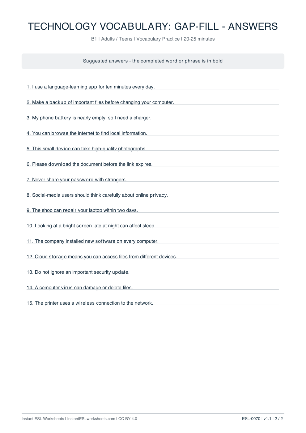 Page 2 of Technology Vocabulary: Gap-Fill - answer key