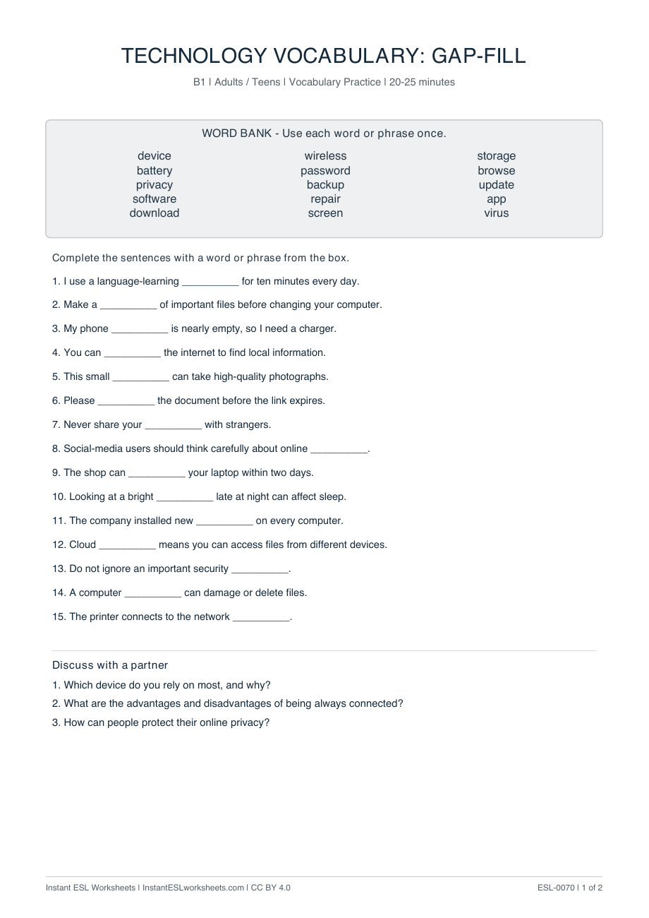 Page 1 of Technology Vocabulary: Gap-Fill