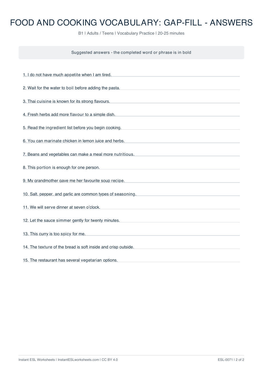 Page 2 of Food and Cooking Vocabulary: Gap-Fill - answer key