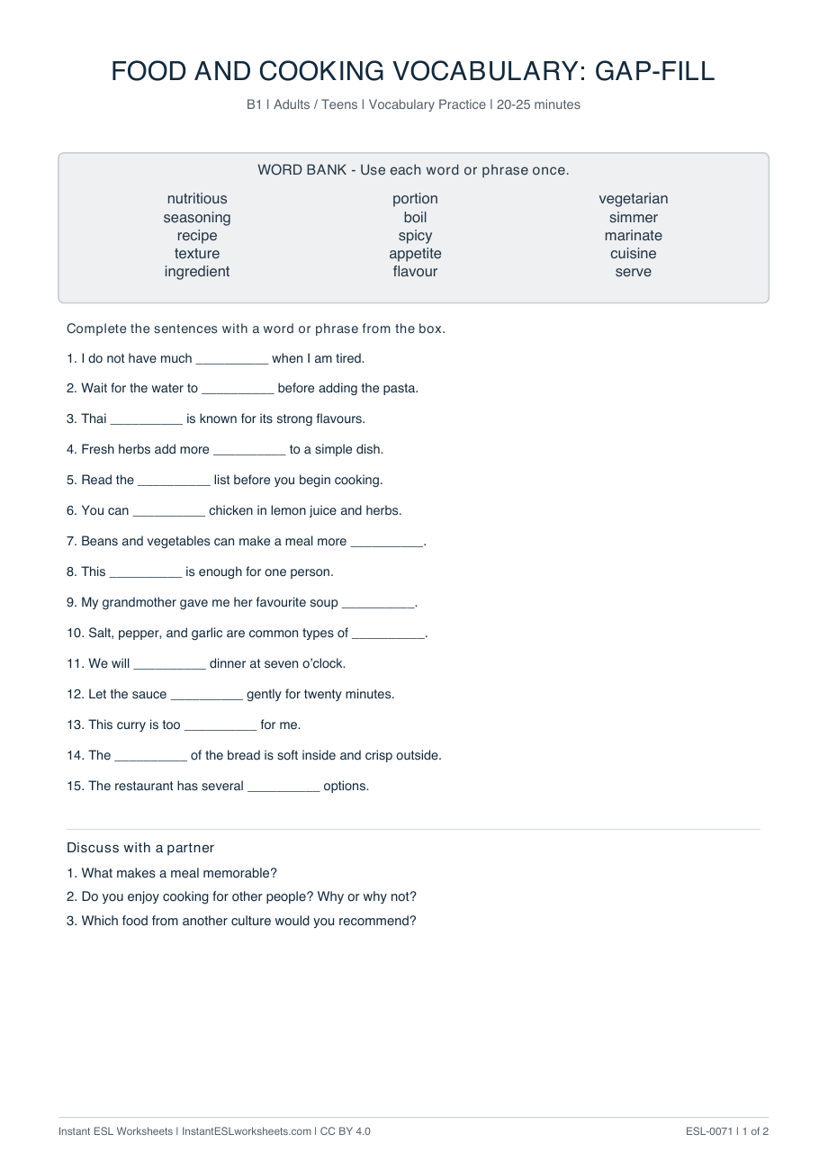 Page 1 of Food and Cooking Vocabulary: Gap-Fill