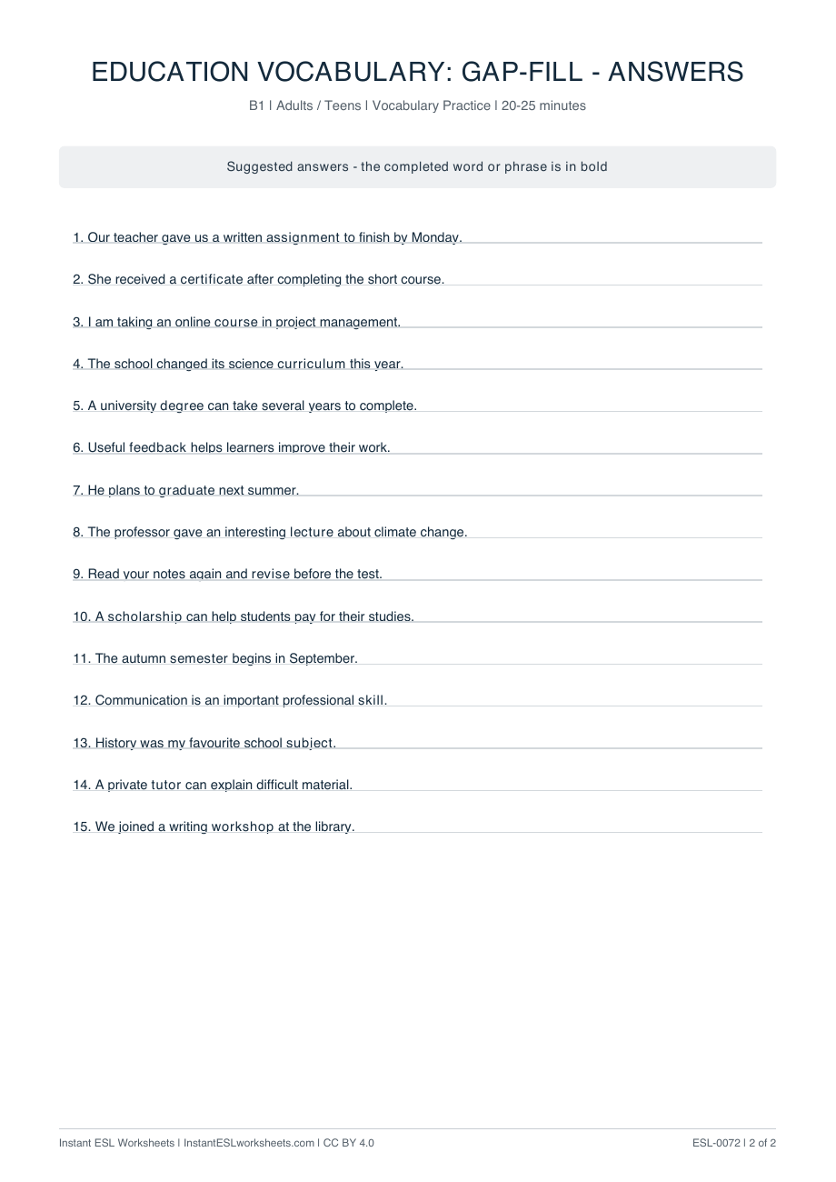 Page 2 of Education Vocabulary: Gap-Fill - answer key