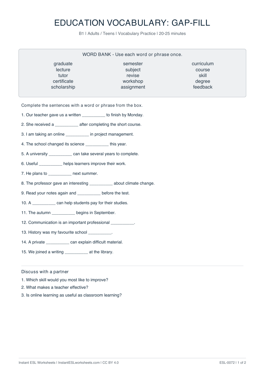 Page 1 of Education Vocabulary: Gap-Fill