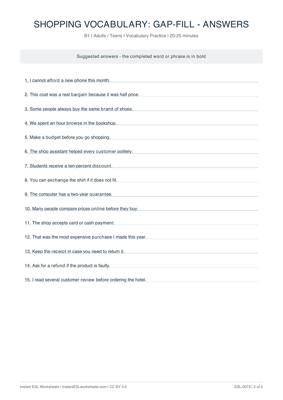 Page 2 of Shopping Vocabulary: Gap-Fill - answer key