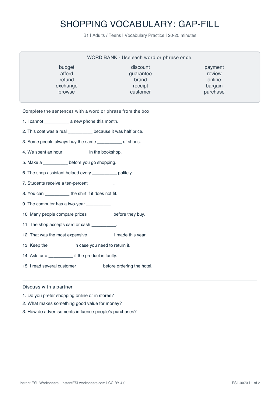 Page 1 of Shopping Vocabulary: Gap-Fill