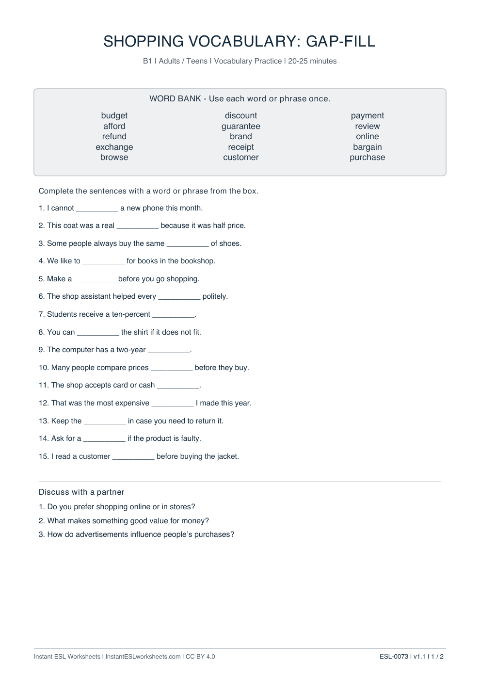 Page 1 of Shopping Vocabulary: Gap-Fill