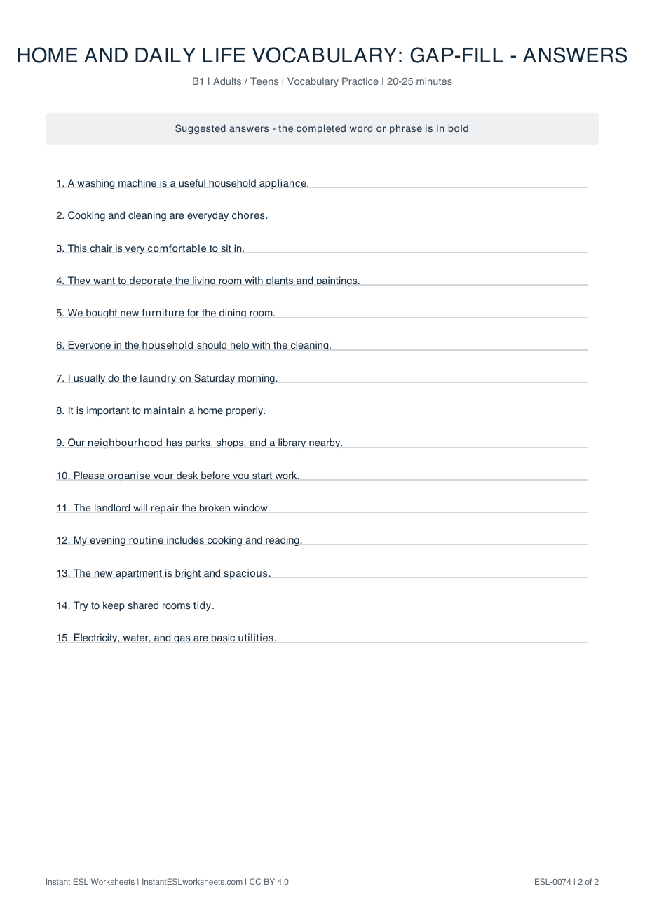 Page 2 of Home and Daily Life Vocabulary: Gap-Fill - answer key