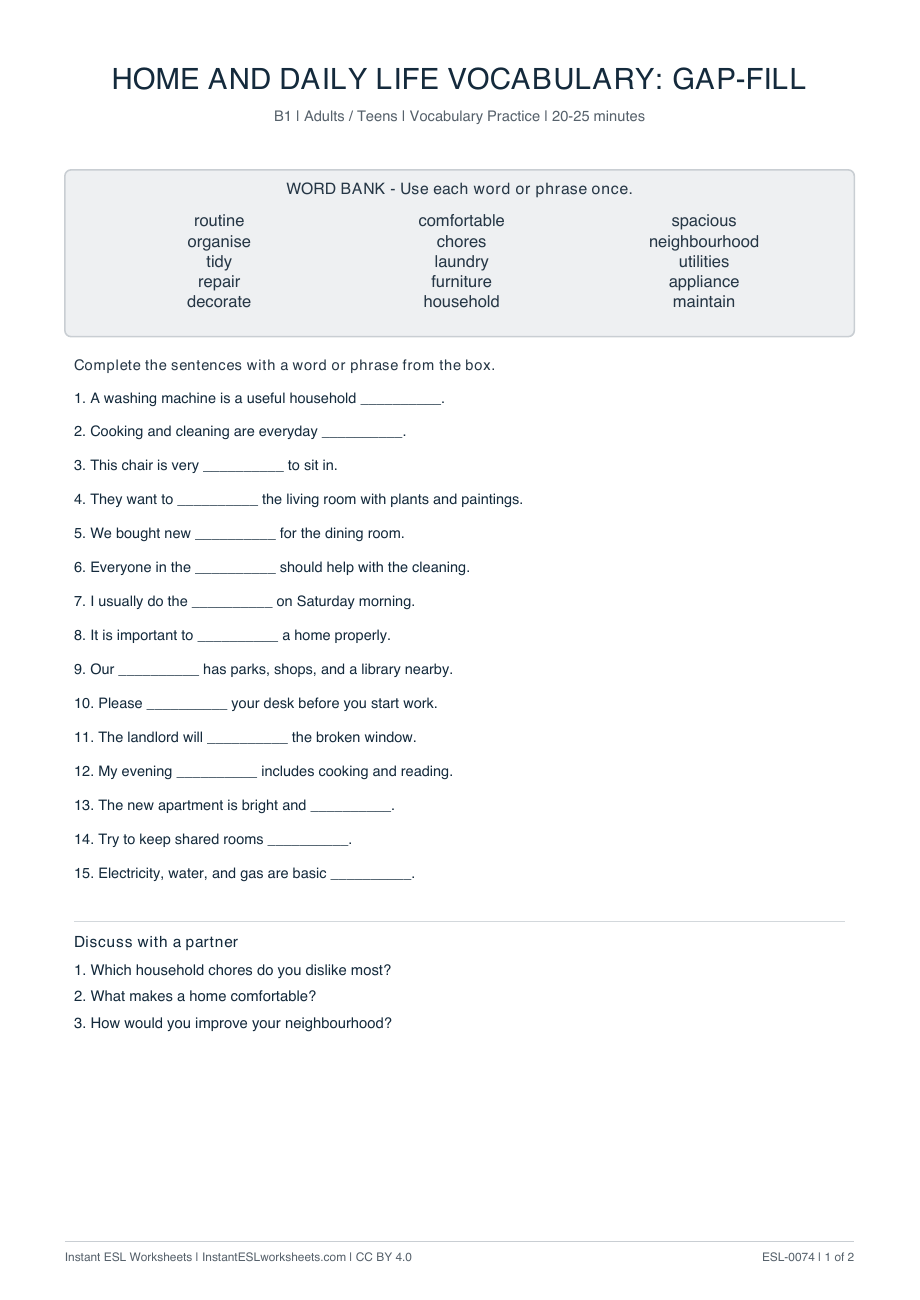 Page 1 of Home and Daily Life Vocabulary: Gap-Fill