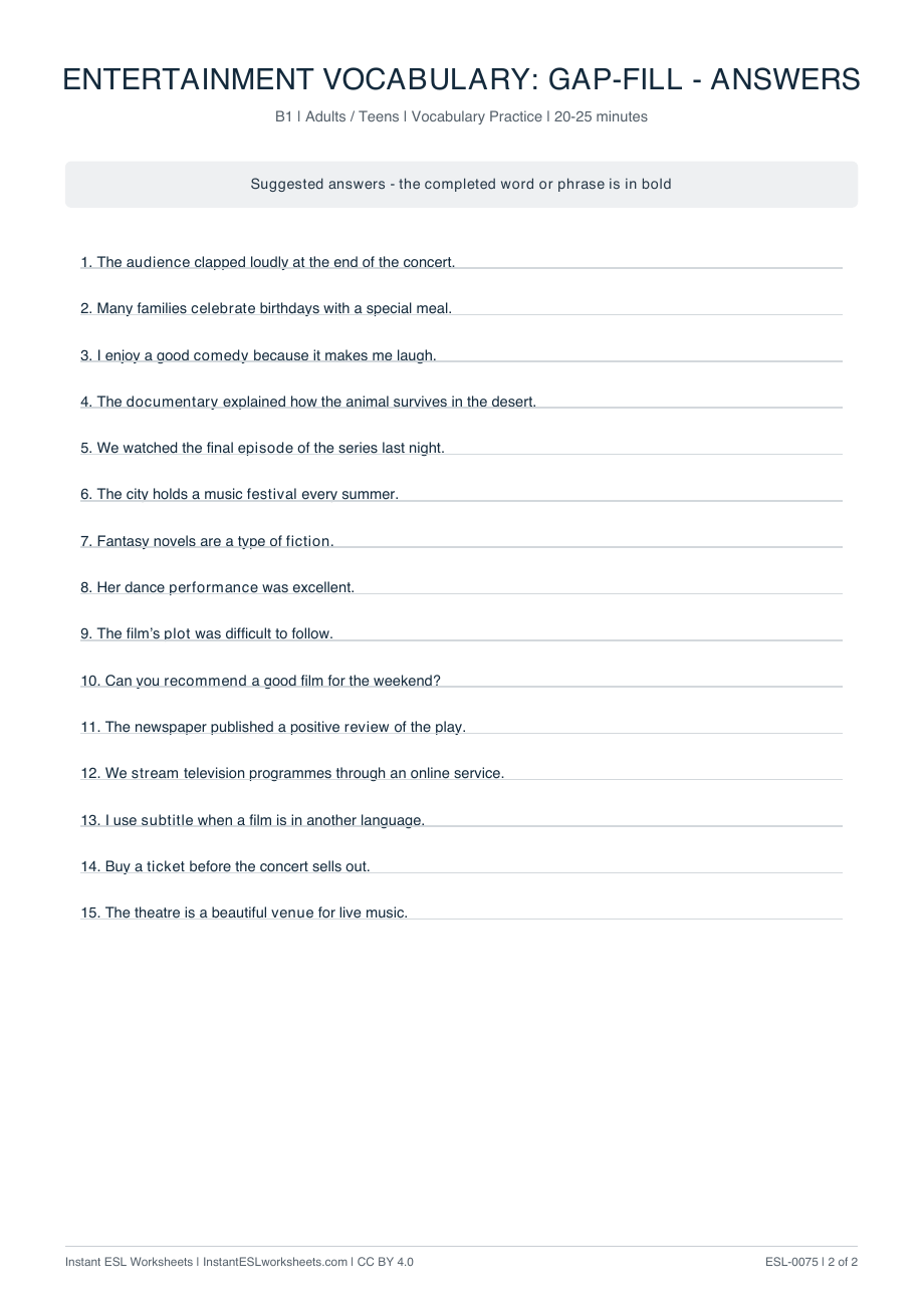 Page 2 of Entertainment Vocabulary: Gap-Fill - answer key