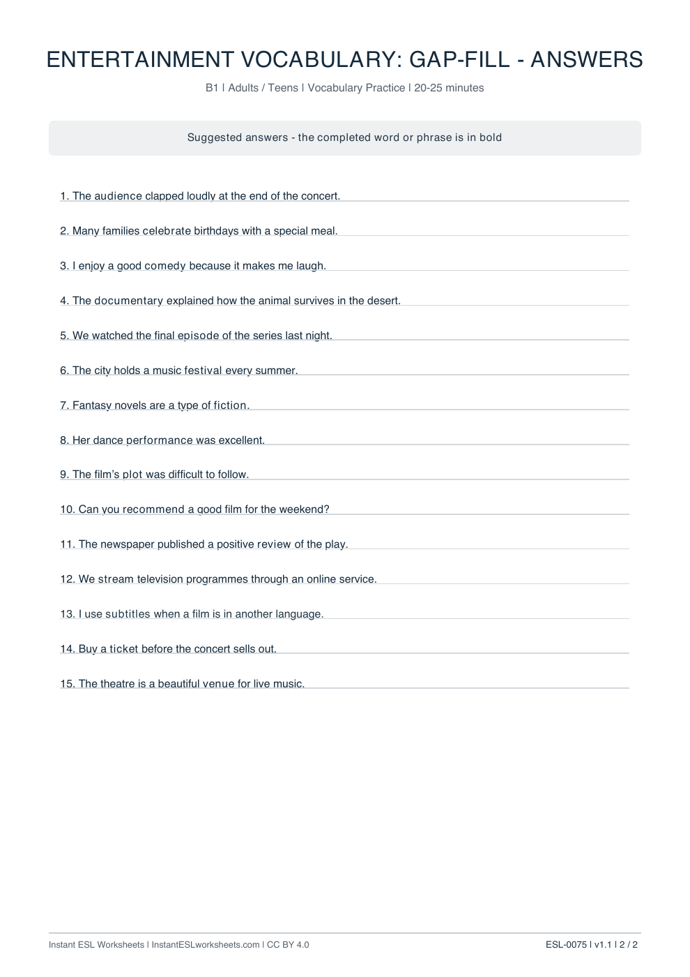 Page 2 of Entertainment Vocabulary: Gap-Fill - answer key