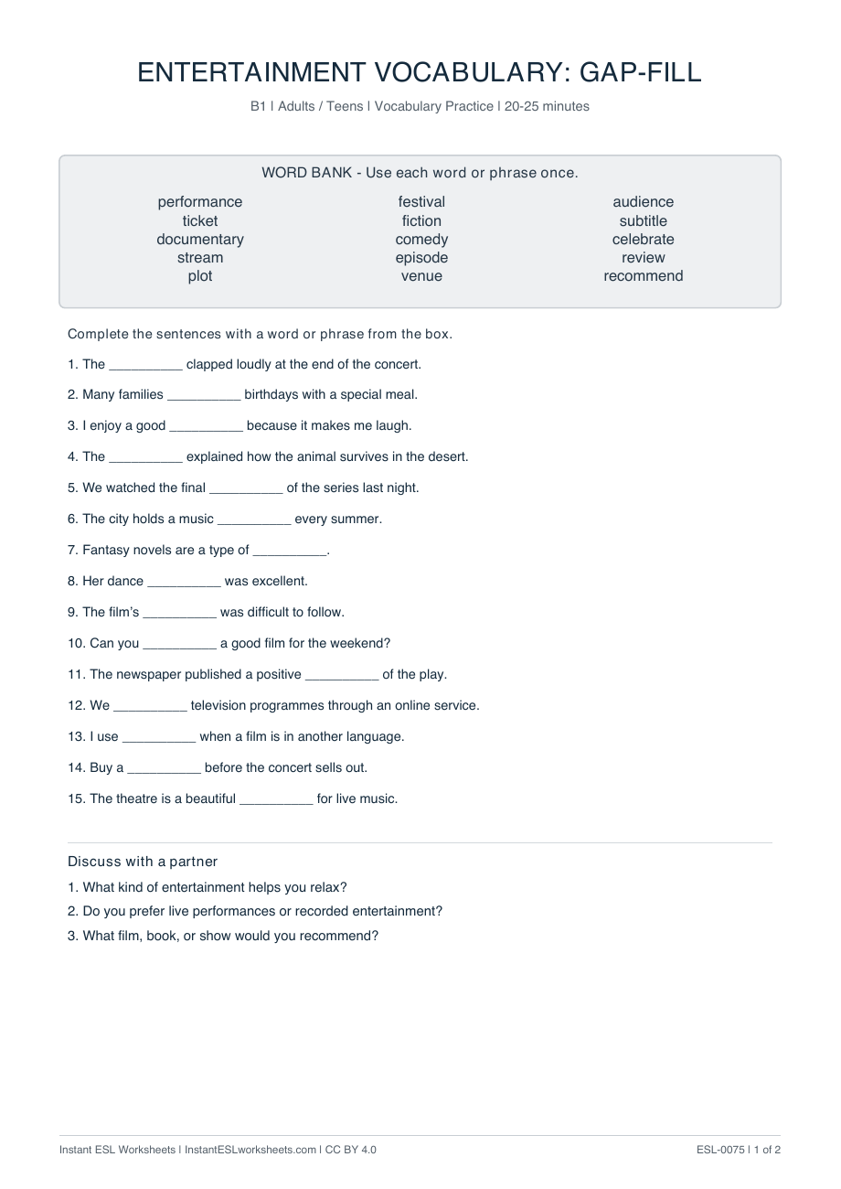 Page 1 of Entertainment Vocabulary: Gap-Fill