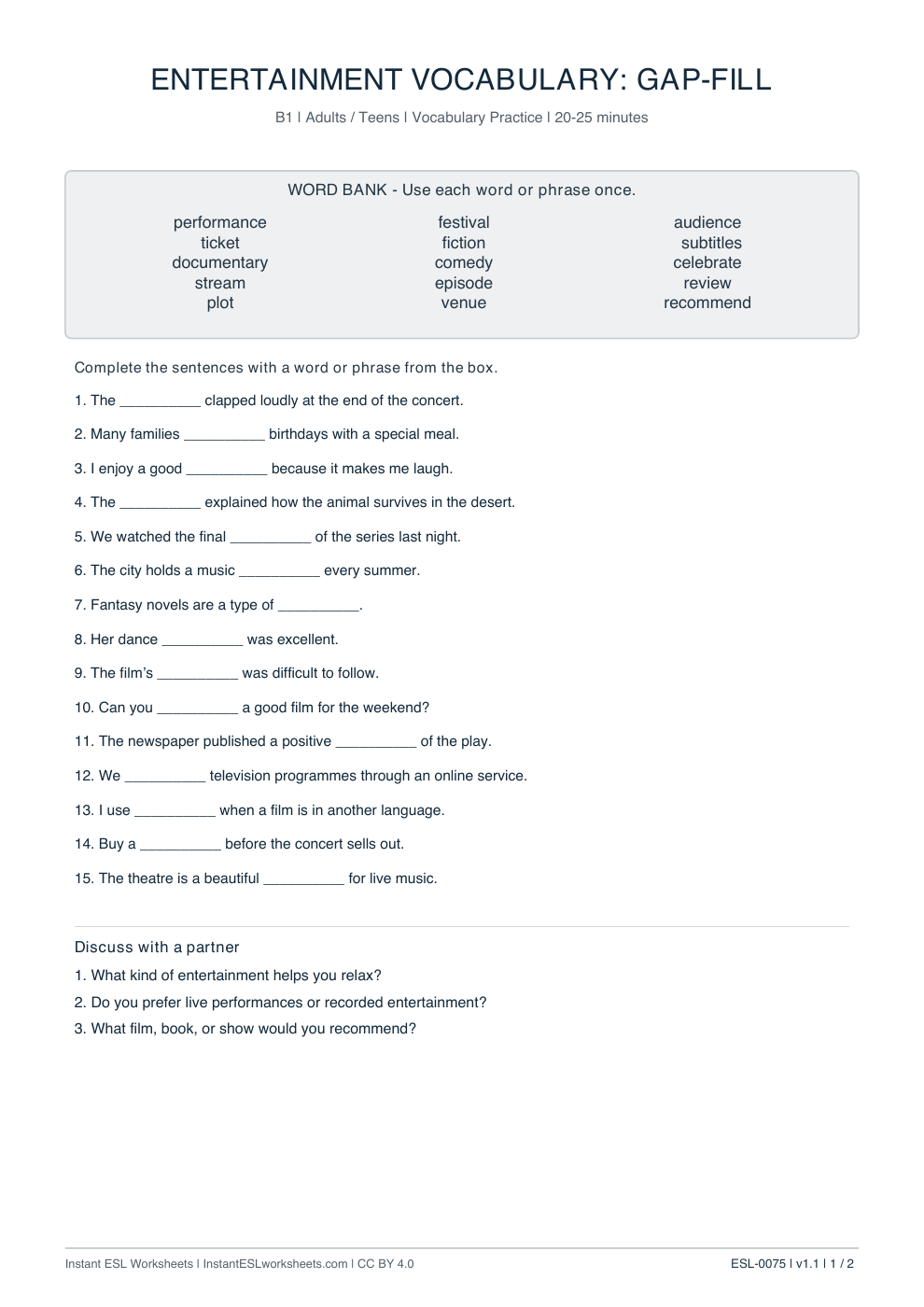 Page 1 of Entertainment Vocabulary: Gap-Fill