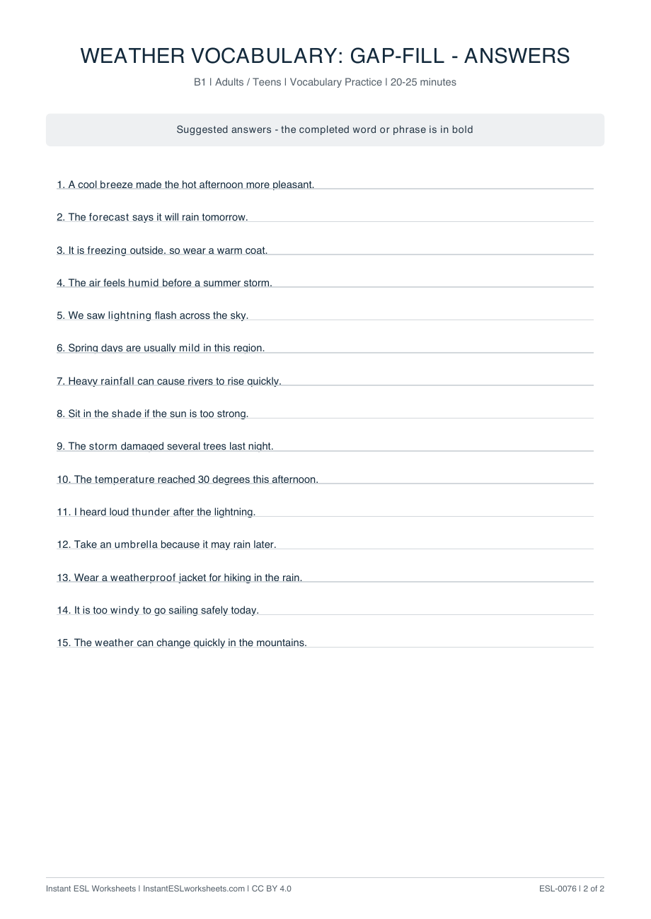 Page 2 of Weather Vocabulary: Gap-Fill - answer key