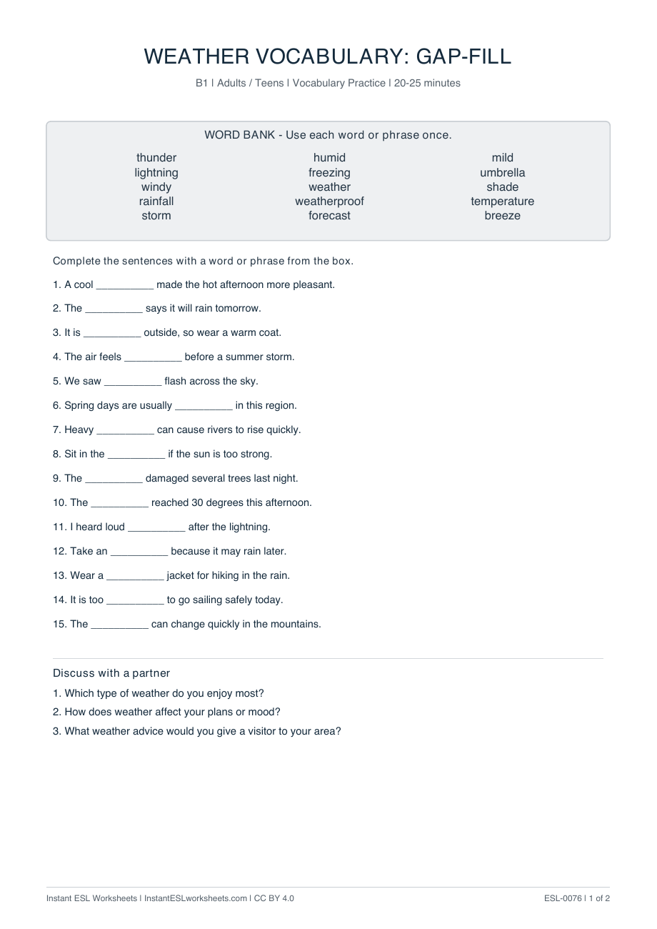 Page 1 of Weather Vocabulary: Gap-Fill