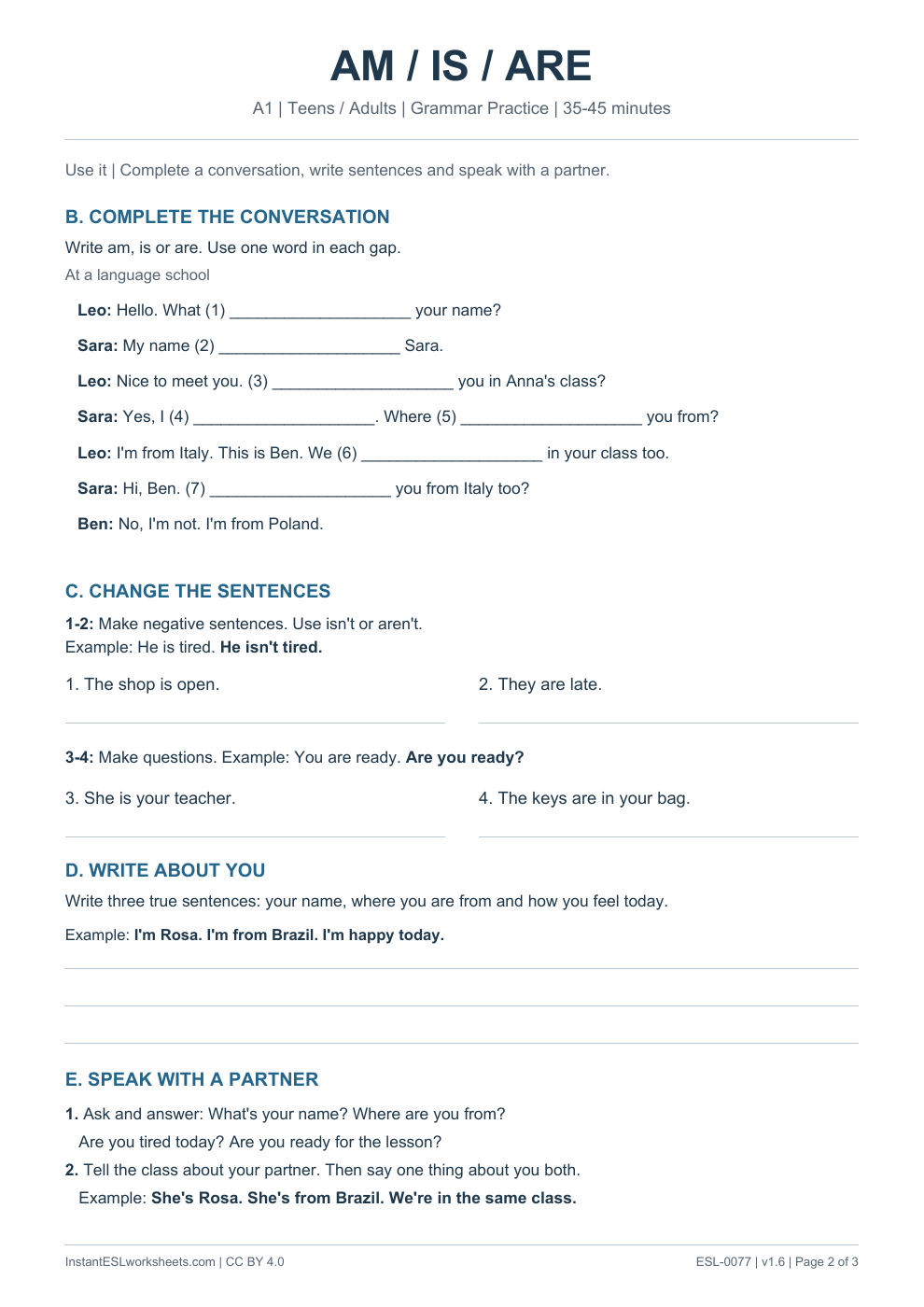 Page 2 of Am / Is / Are - Grammar Practice