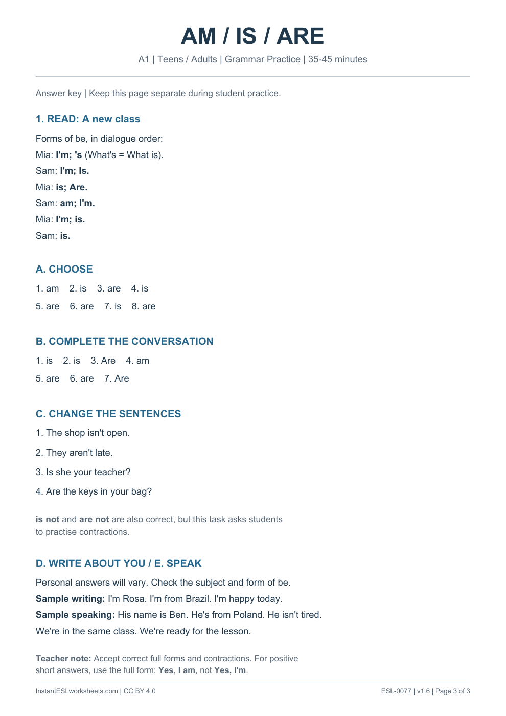 Page 3 of Am / Is / Are - Grammar Practice - answer key