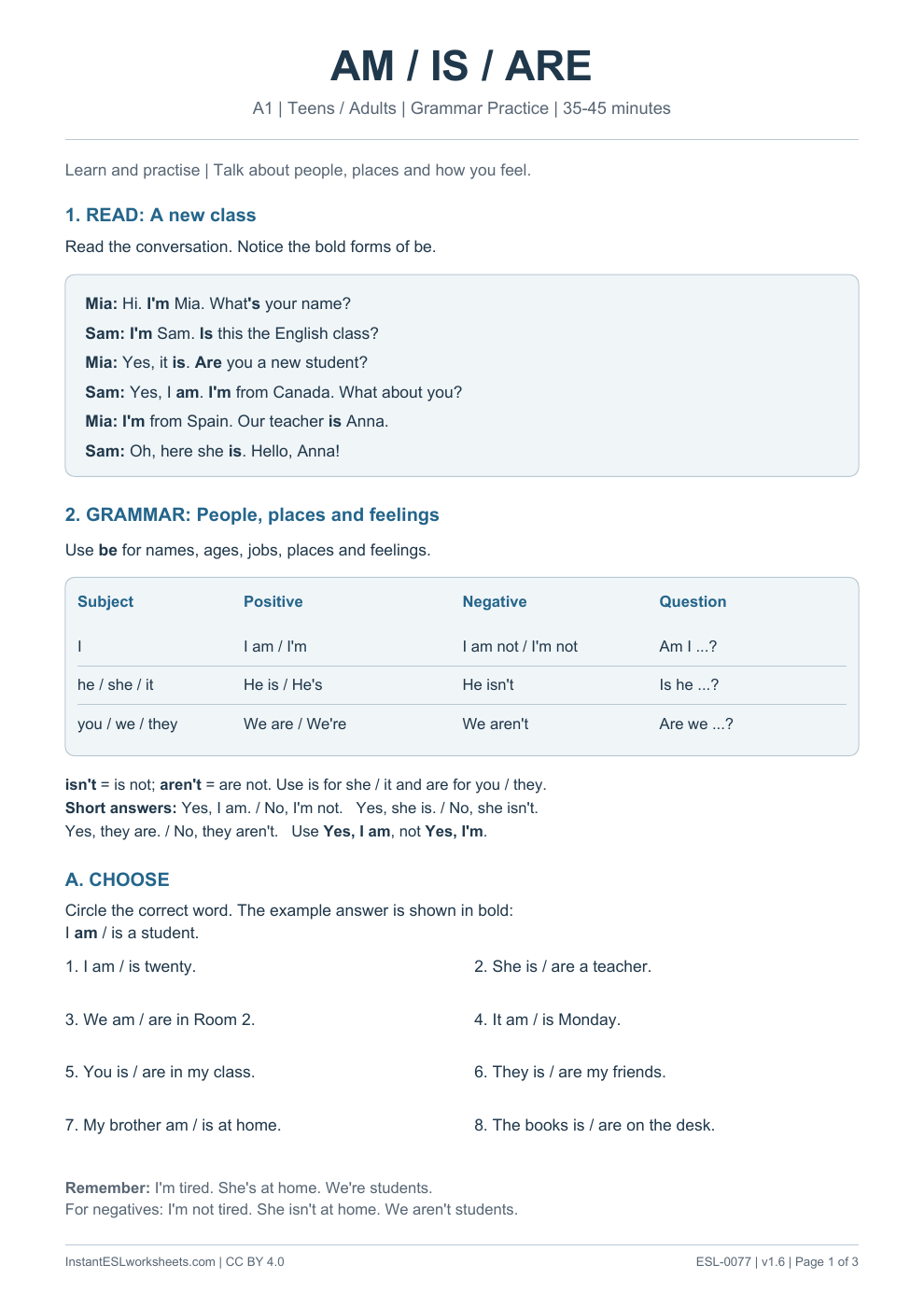 Page 1 of Am / Is / Are - Grammar Practice