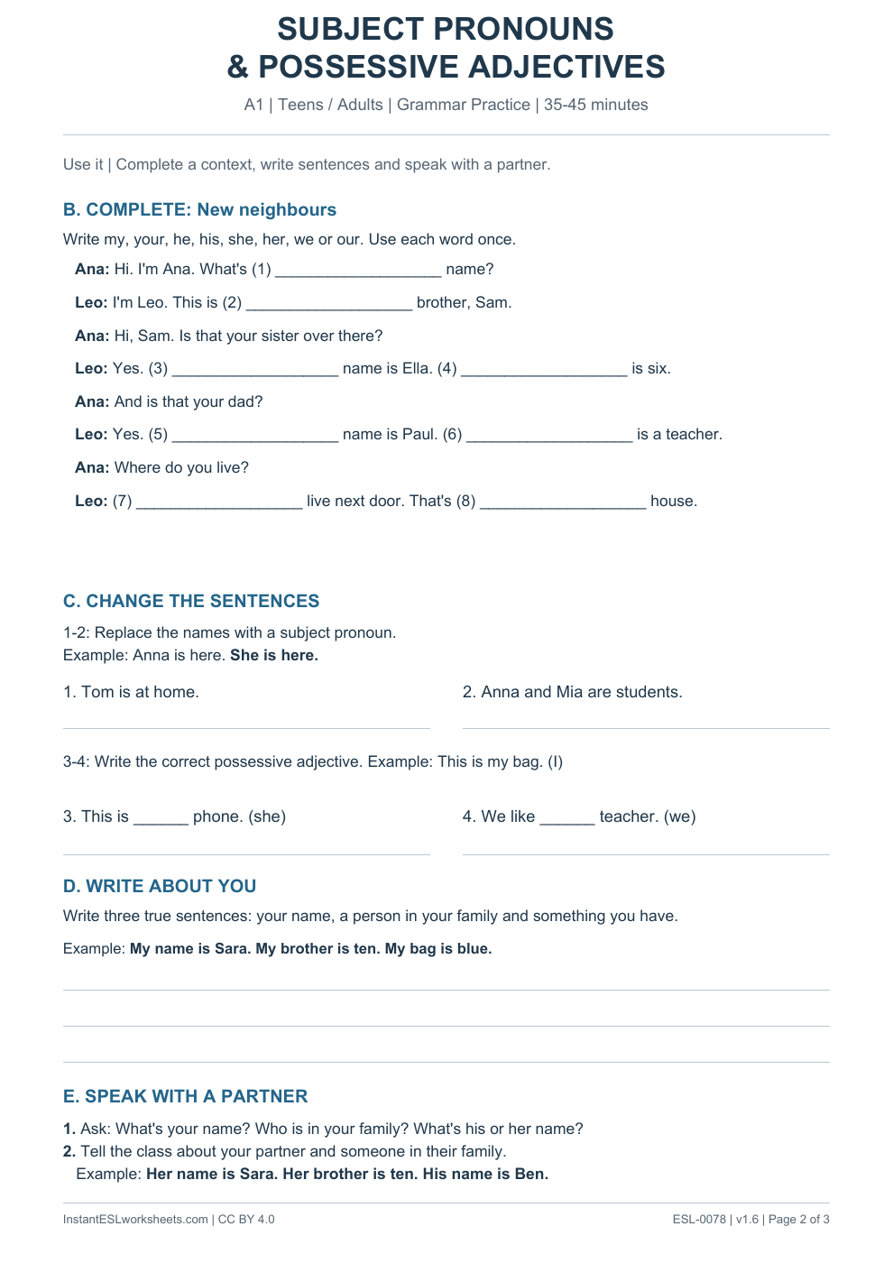 Page 2 of Subject Pronouns and Possessive Adjectives - Grammar Practice