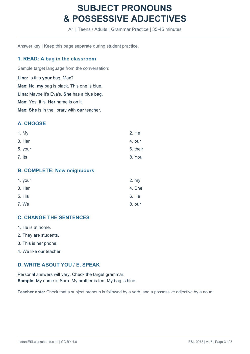 Page 3 of Subject Pronouns and Possessive Adjectives - Grammar Practice - answer key