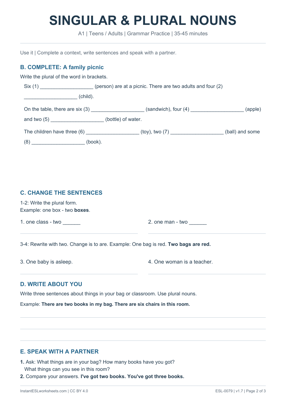 Page 2 of Singular and Plural Nouns - Grammar Practice