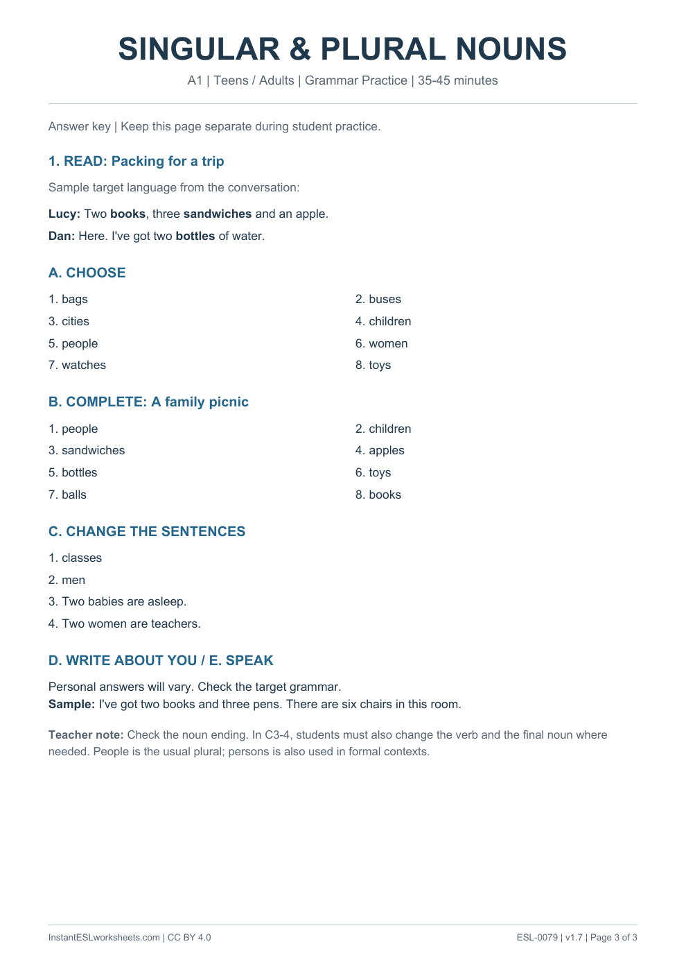 Page 3 of Singular and Plural Nouns - Grammar Practice - answer key