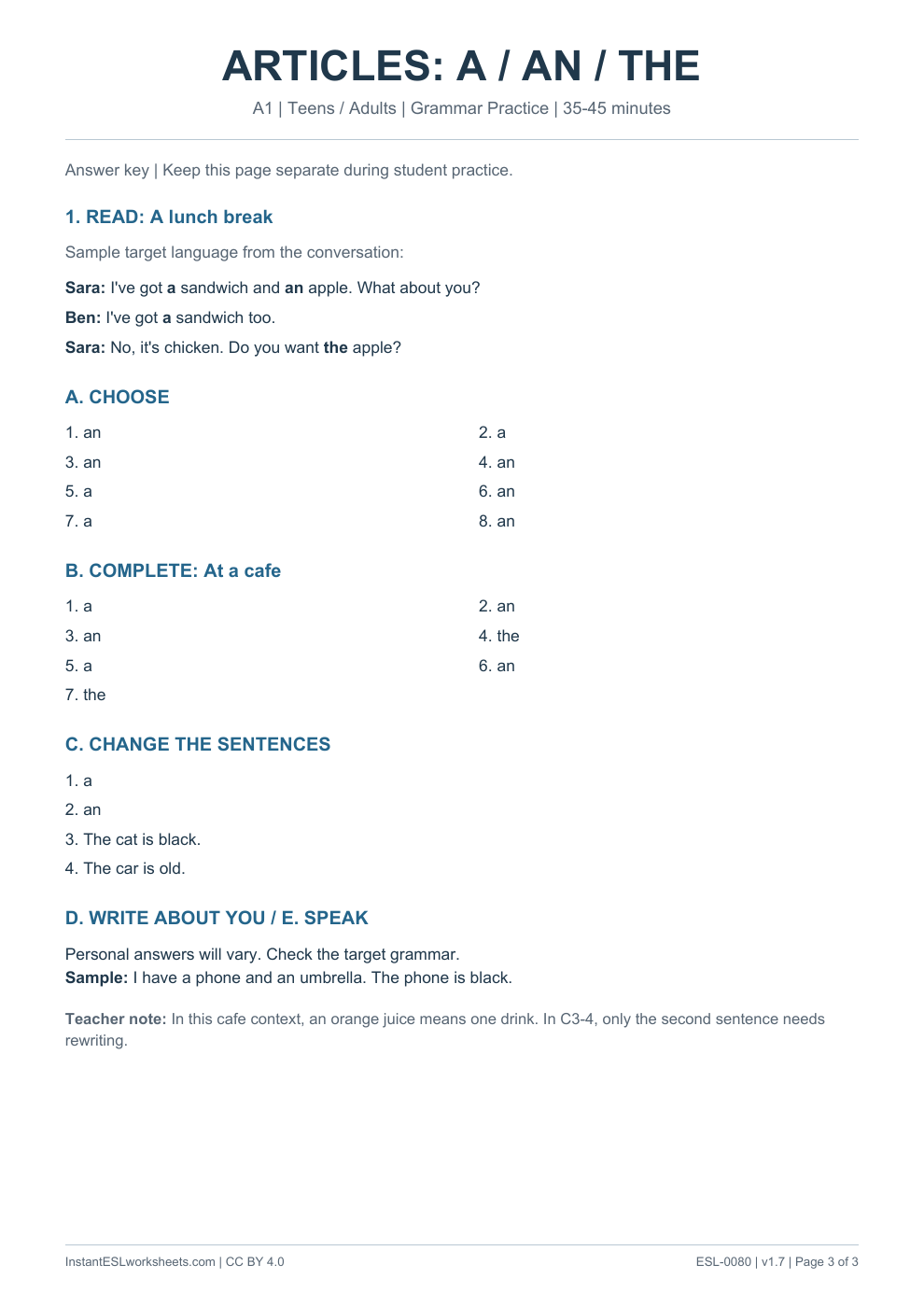 Page 3 of Articles A An The - Grammar Practice - answer key