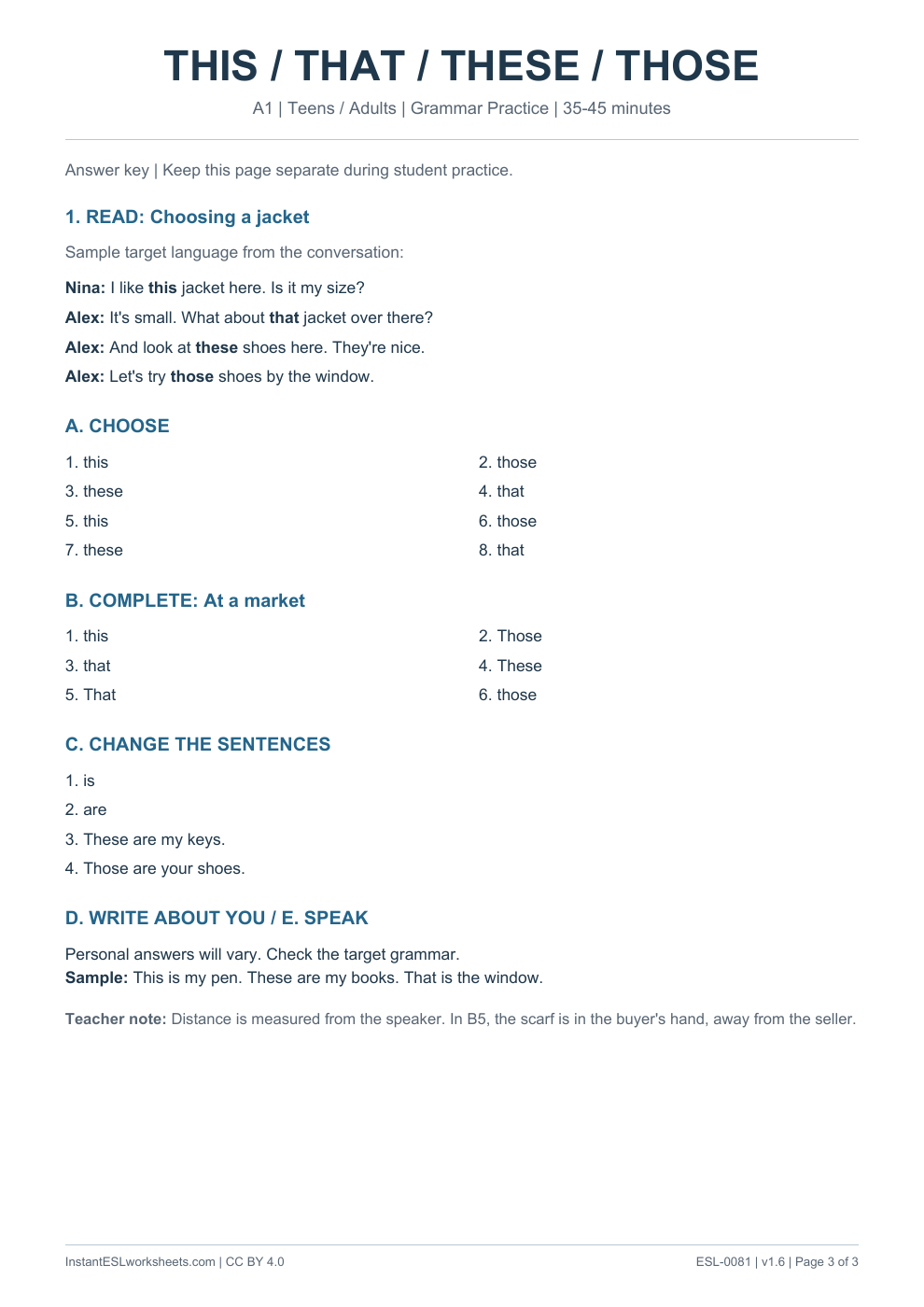 Page 3 of This That These Those - Grammar Practice - answer key