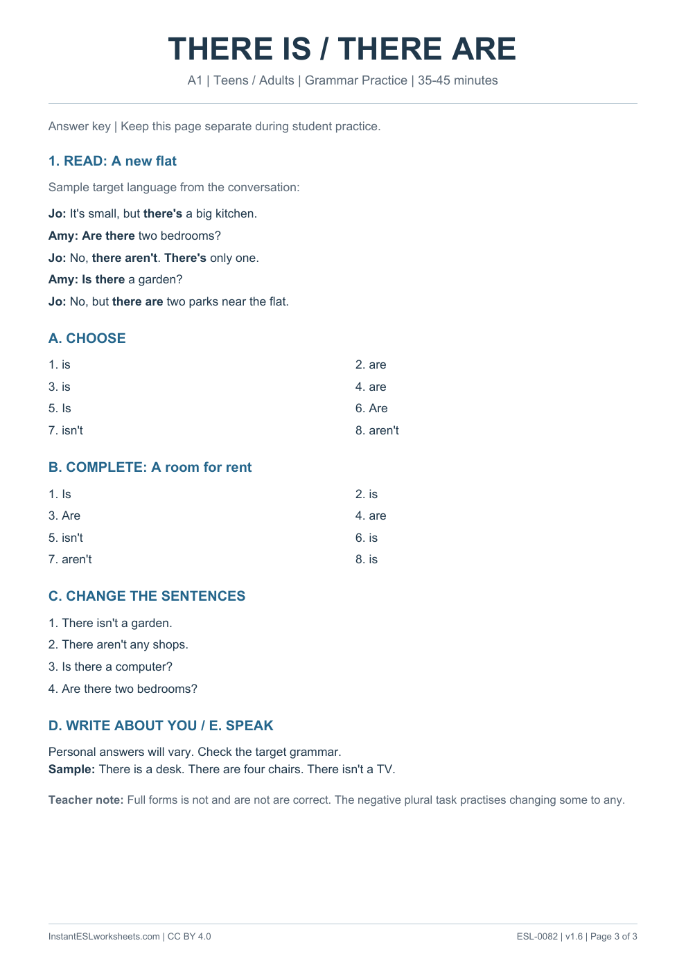 Page 3 of There Is There Are - Grammar Practice - answer key