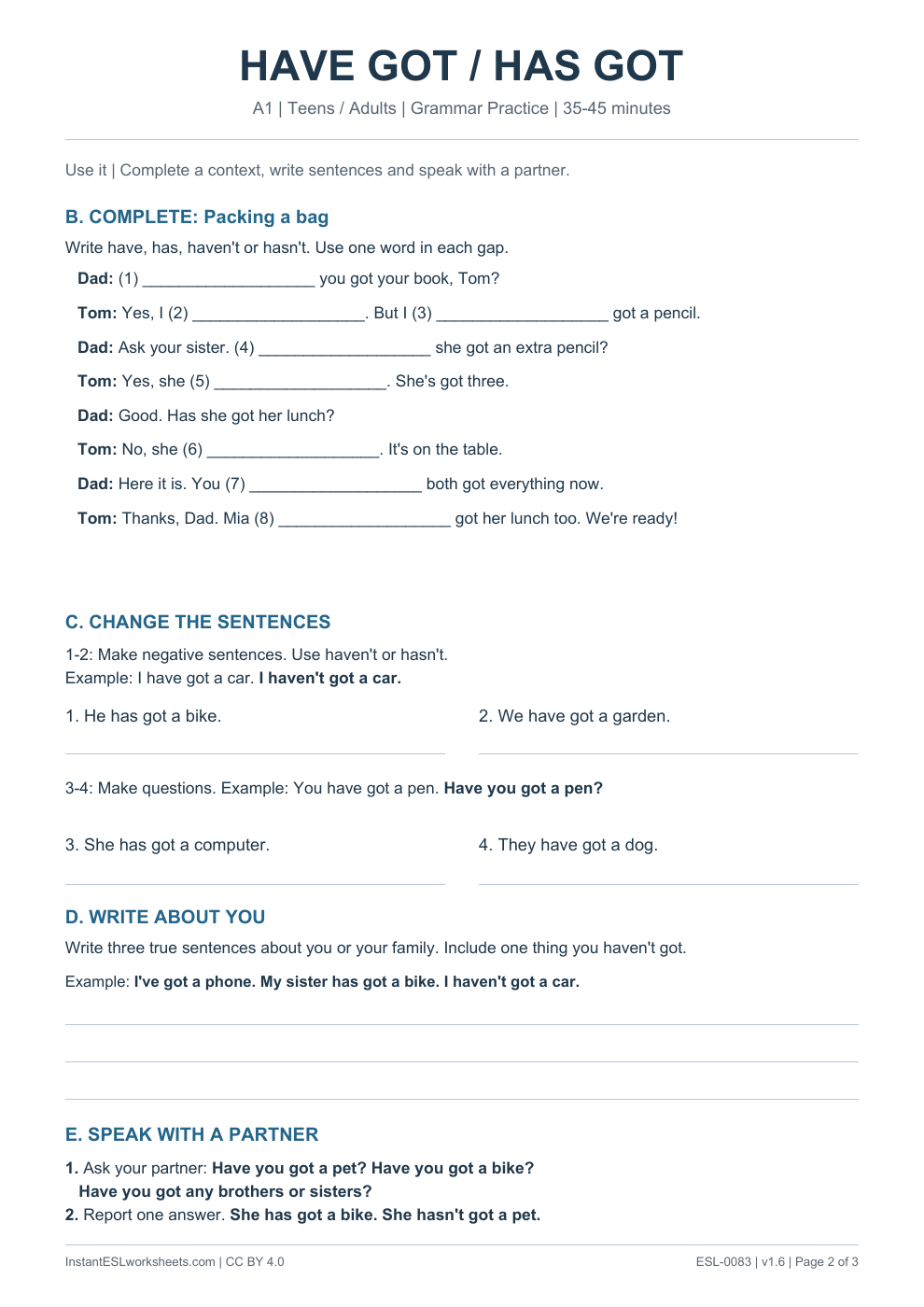 Page 2 of Have Got Has Got - Grammar Practice