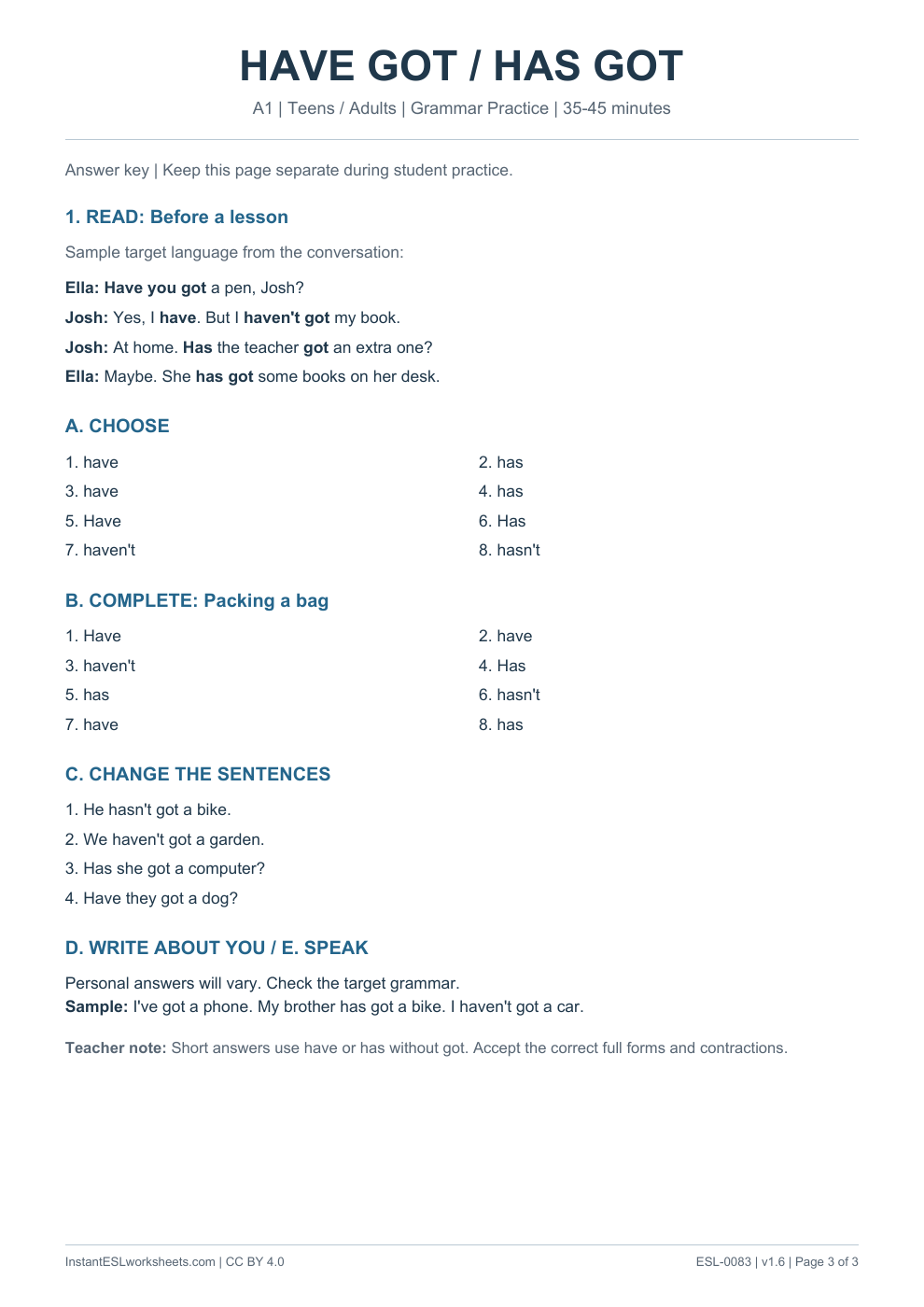 Page 3 of Have Got Has Got - Grammar Practice - answer key