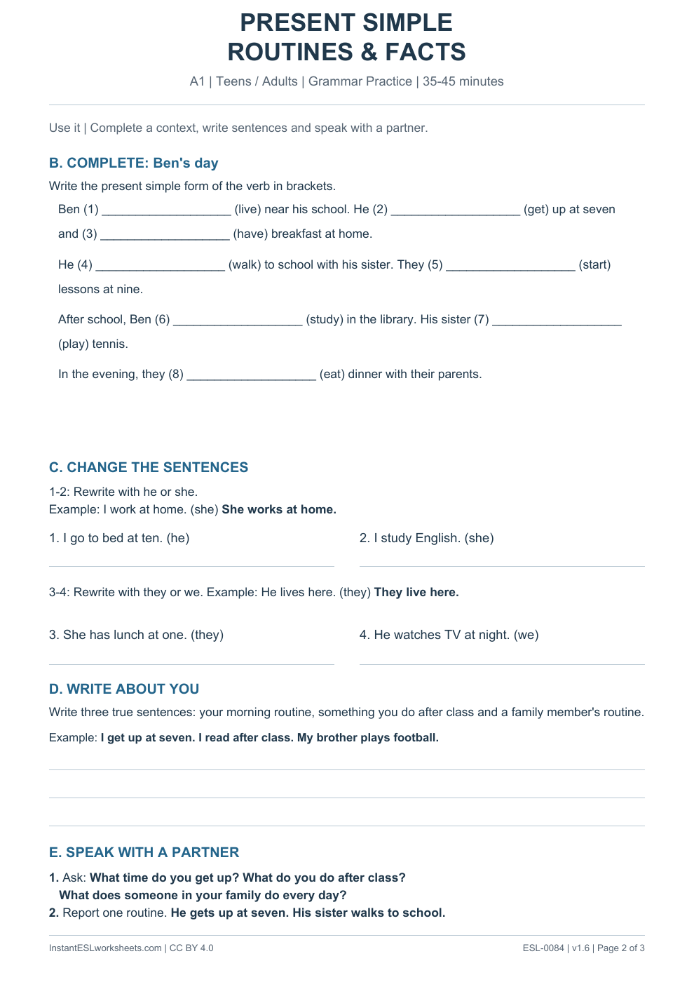 Page 2 of Present Simple Routines and Facts - Grammar Practice