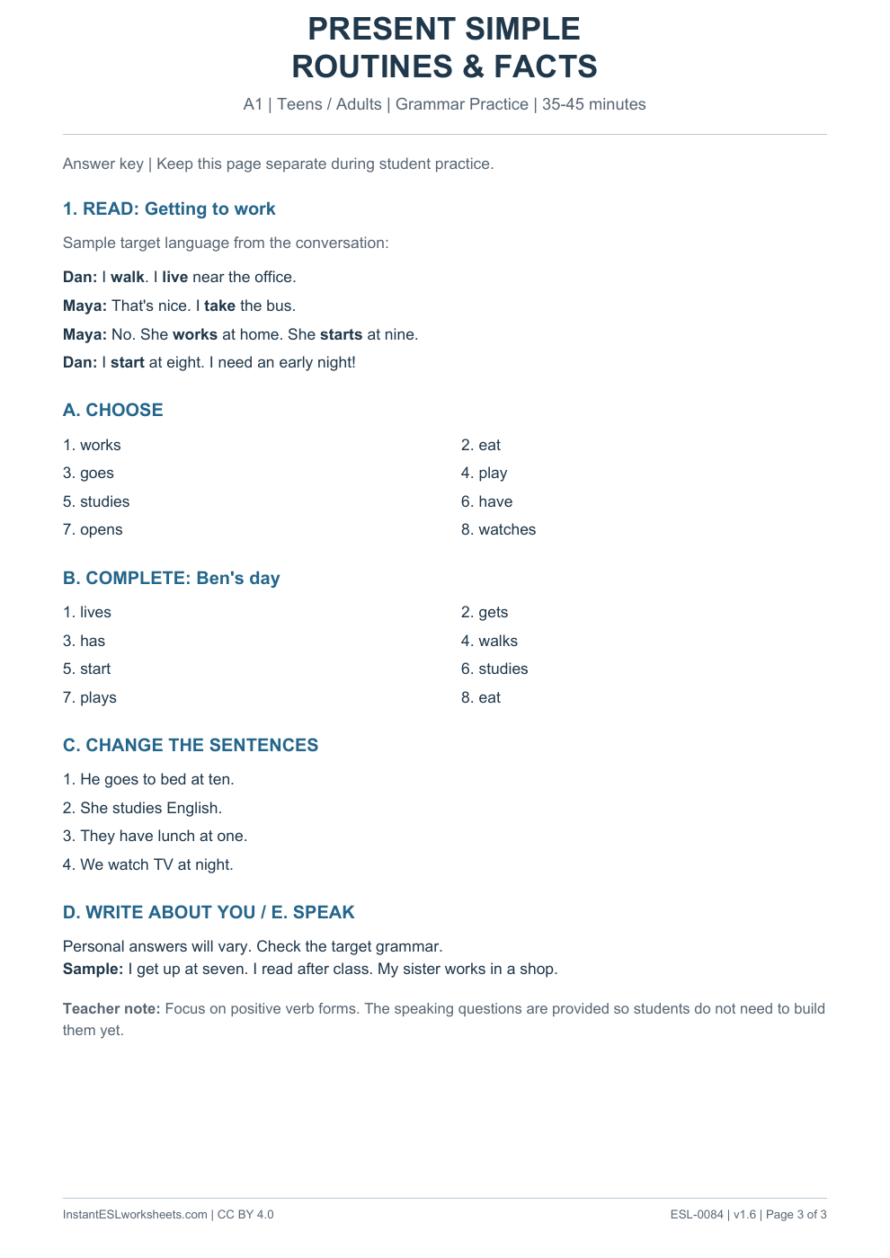 Page 3 of Present Simple Routines and Facts - Grammar Practice - answer key
