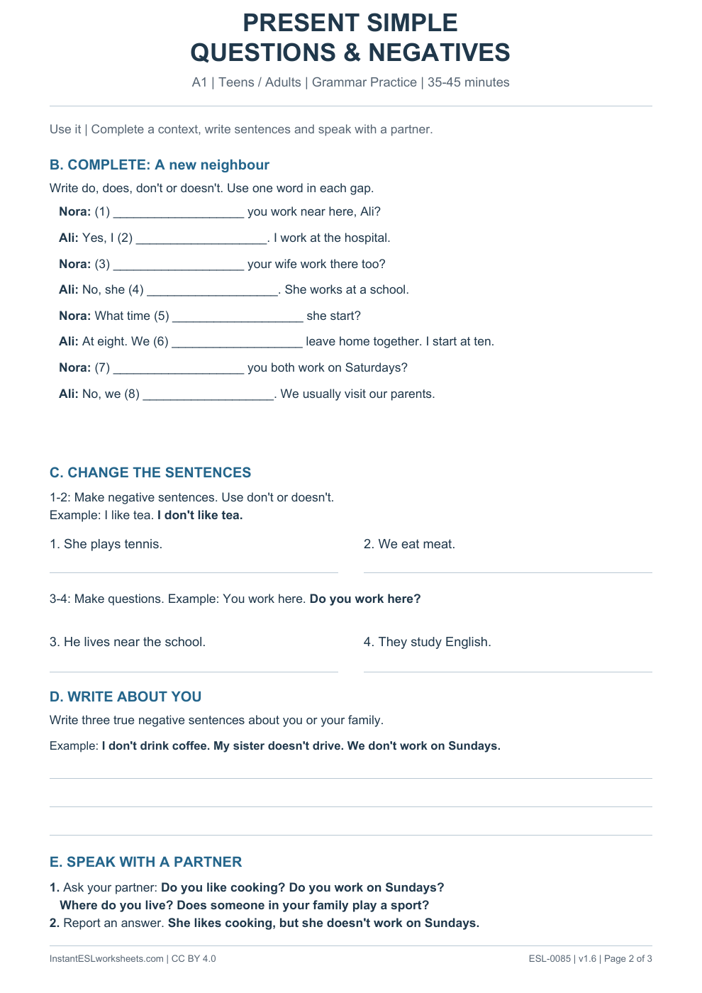 Page 2 of Present Simple Questions and Negatives - Grammar Practice