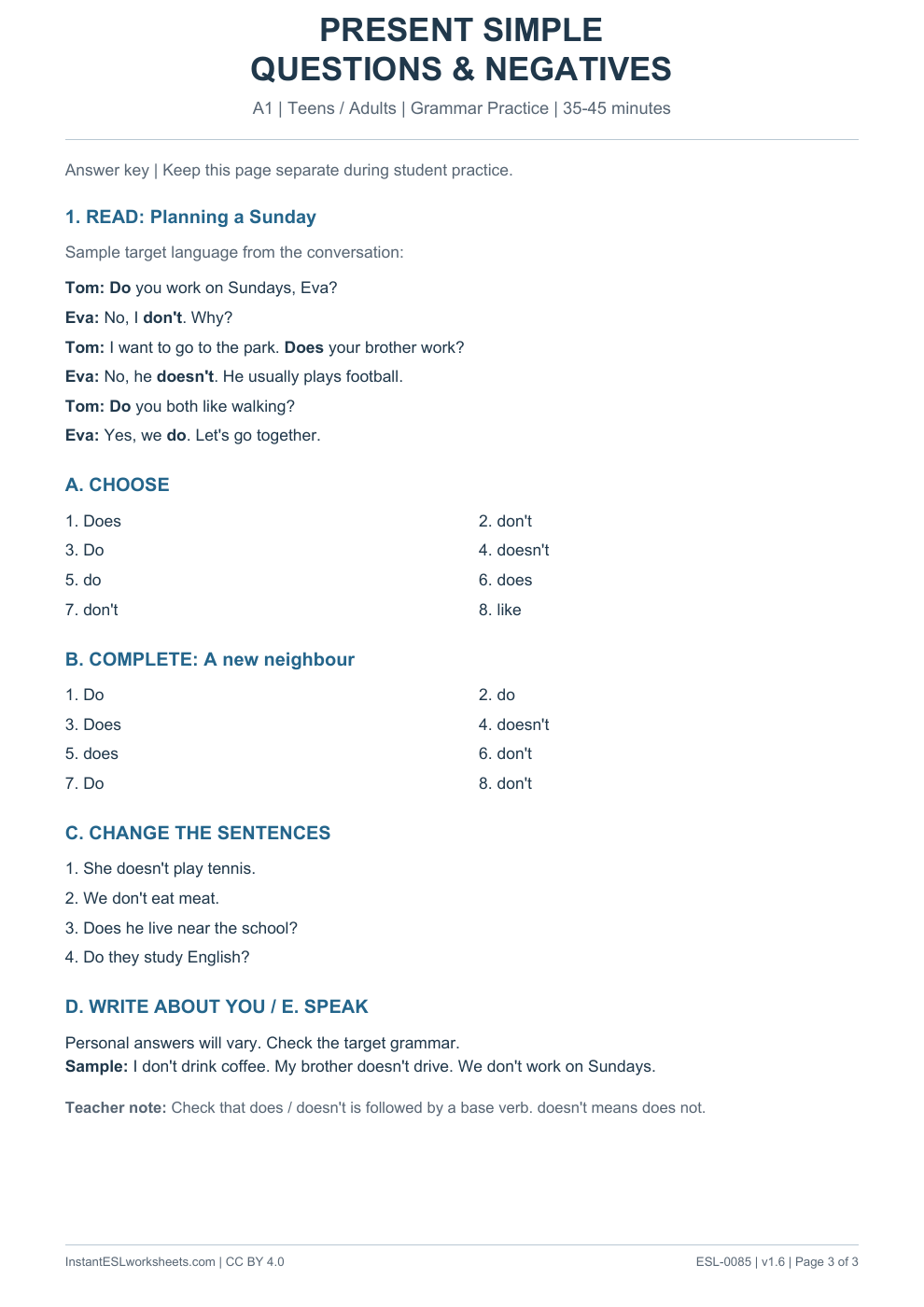 Page 3 of Present Simple Questions and Negatives - Grammar Practice - answer key