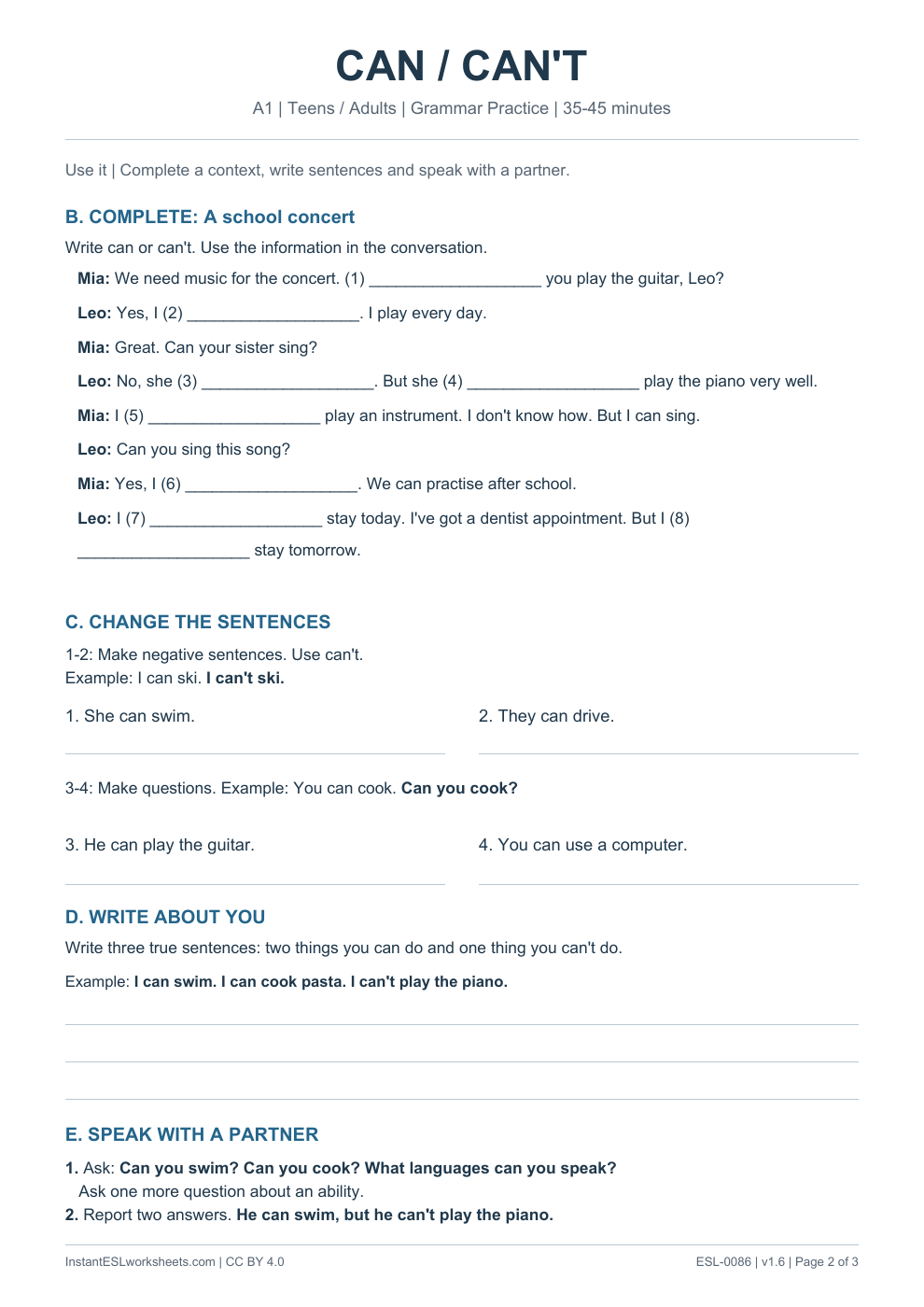 Page 2 of Can / Can't - Grammar Practice