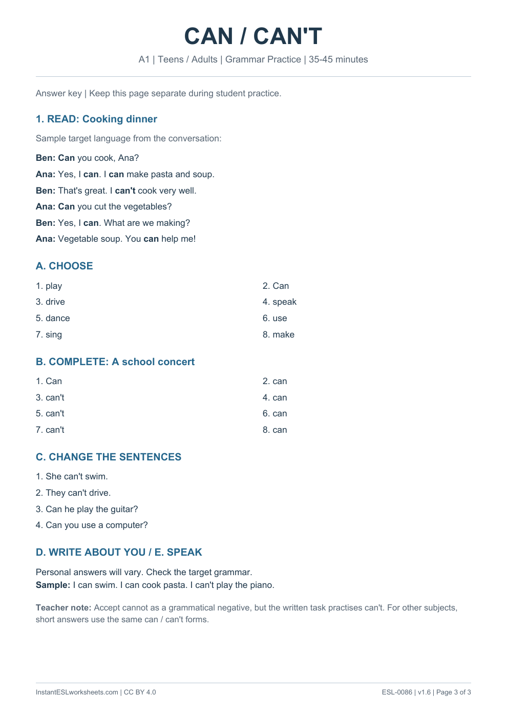 Page 3 of Can / Can't - Grammar Practice - answer key