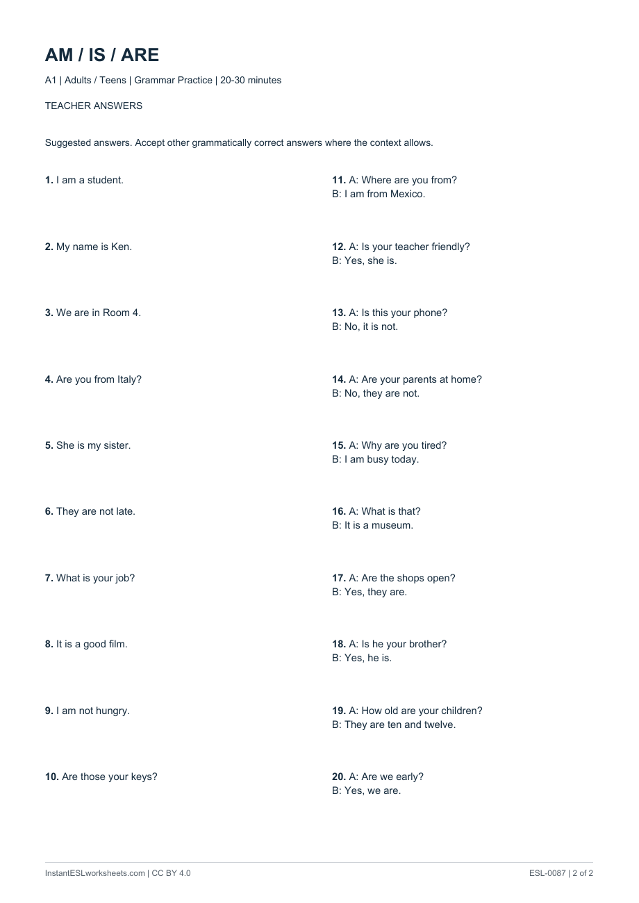 Page 2 of Am / Is / Are - Question Practice - answer key