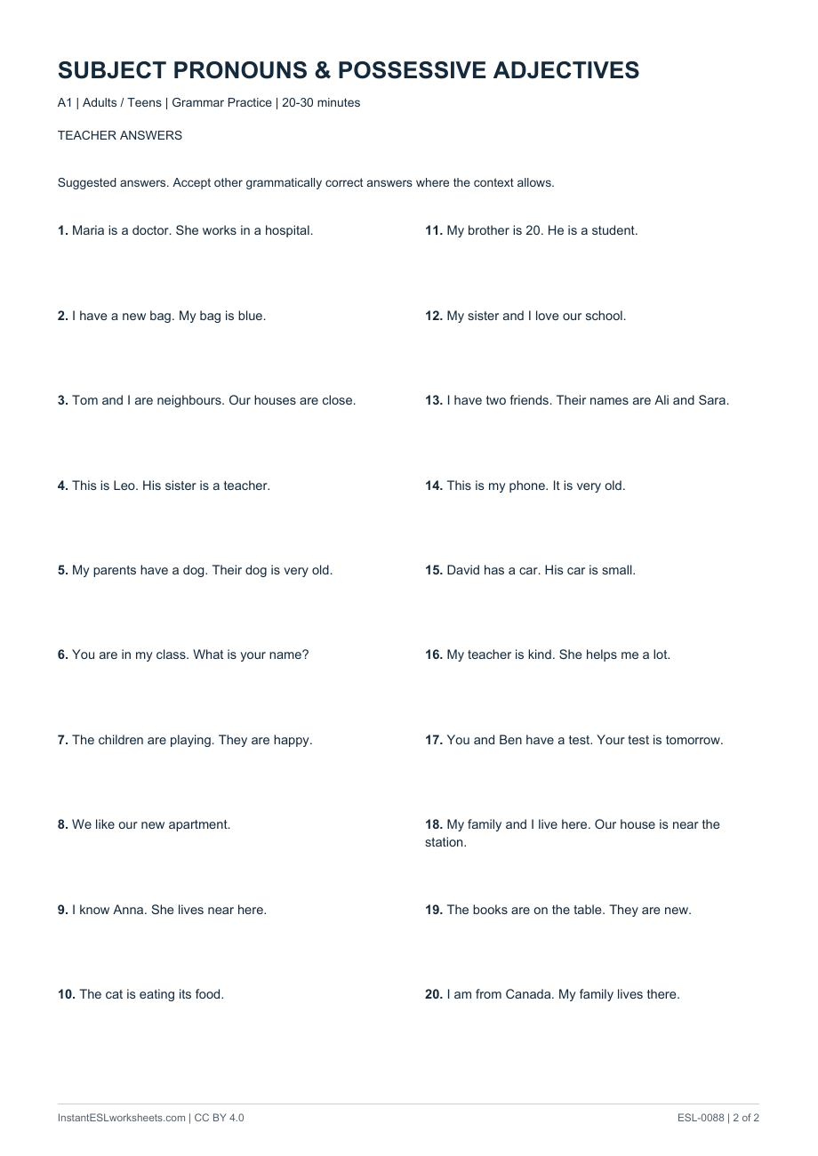 Page 2 of Subject Pronouns & Possessive Adjectives - Question Practice - answer key