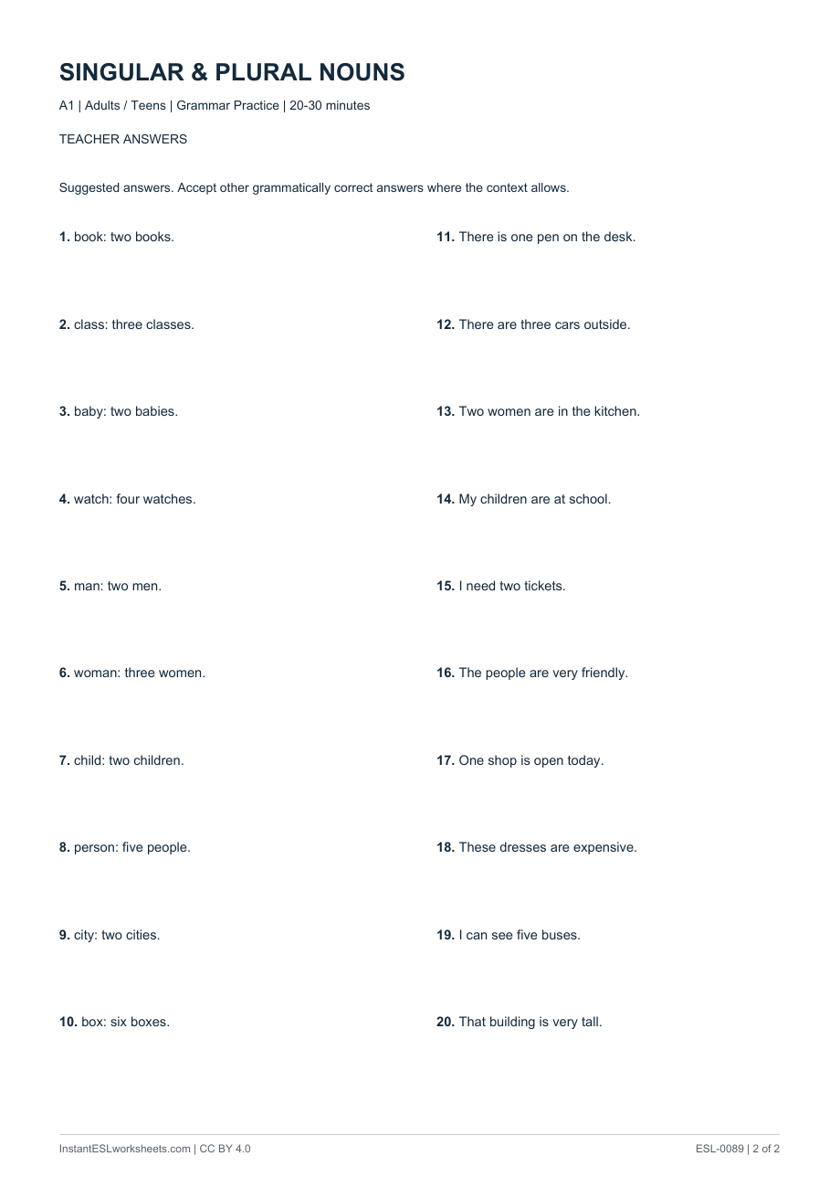 Page 2 of Singular & Plural Nouns - Question Practice - answer key