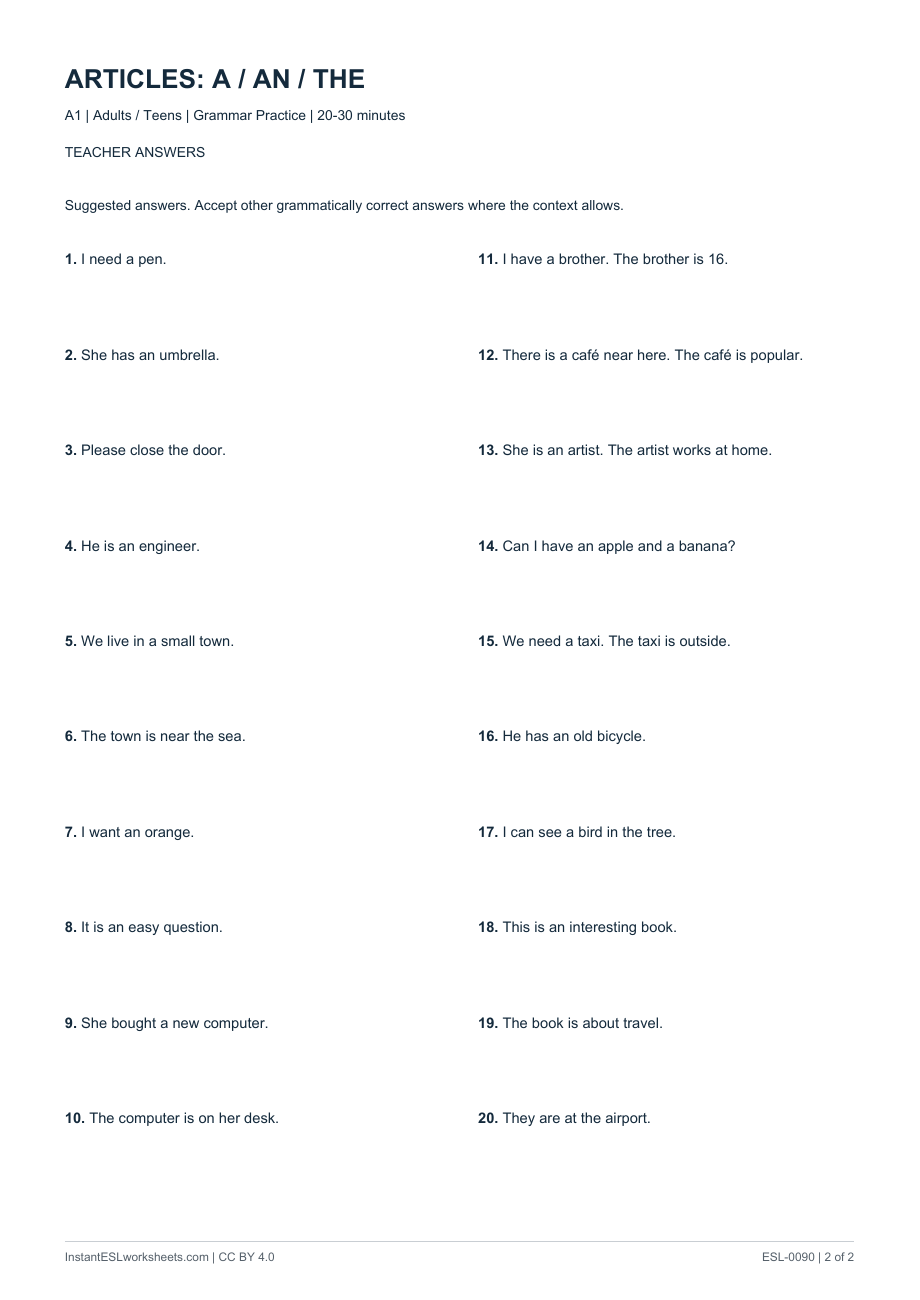 Page 2 of Articles: A / An / The - Question Practice - answer key