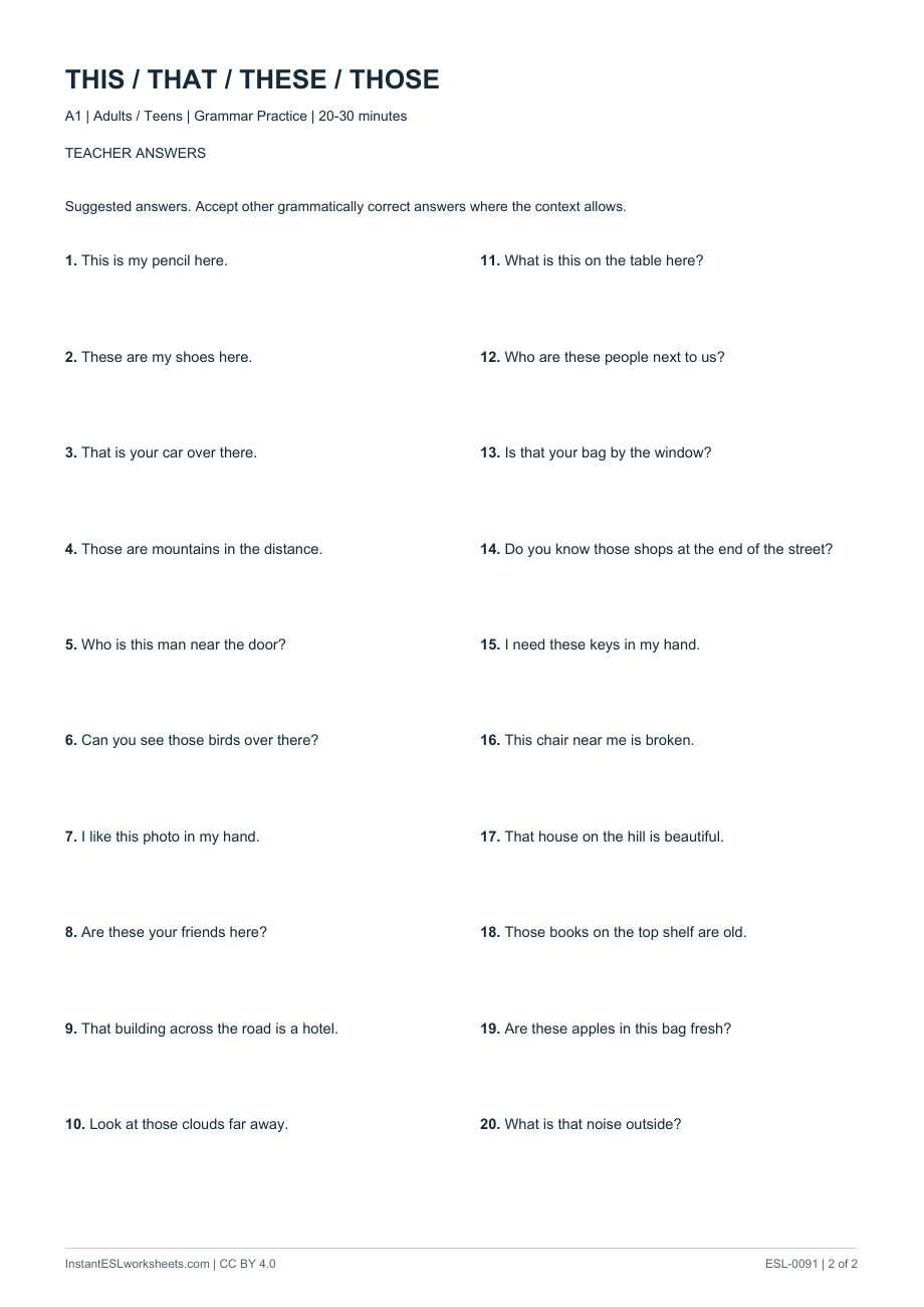 Page 2 of This / That / These / Those - Question Practice - answer key