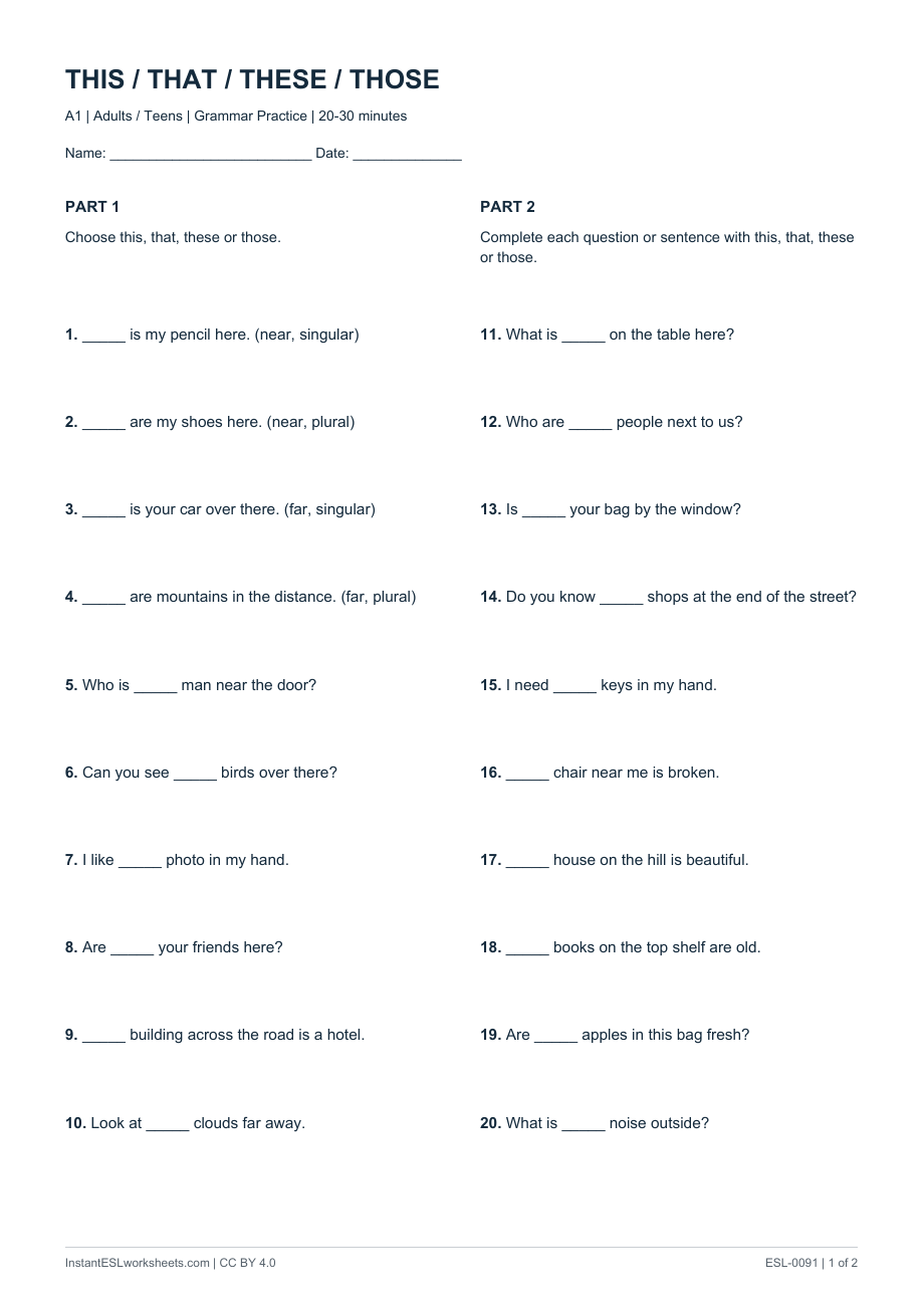 Page 1 of This / That / These / Those - Question Practice