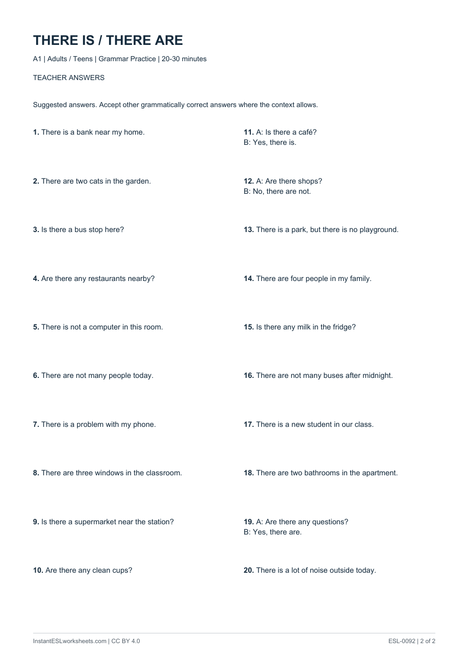 Page 2 of There Is / There Are - Question Practice - answer key