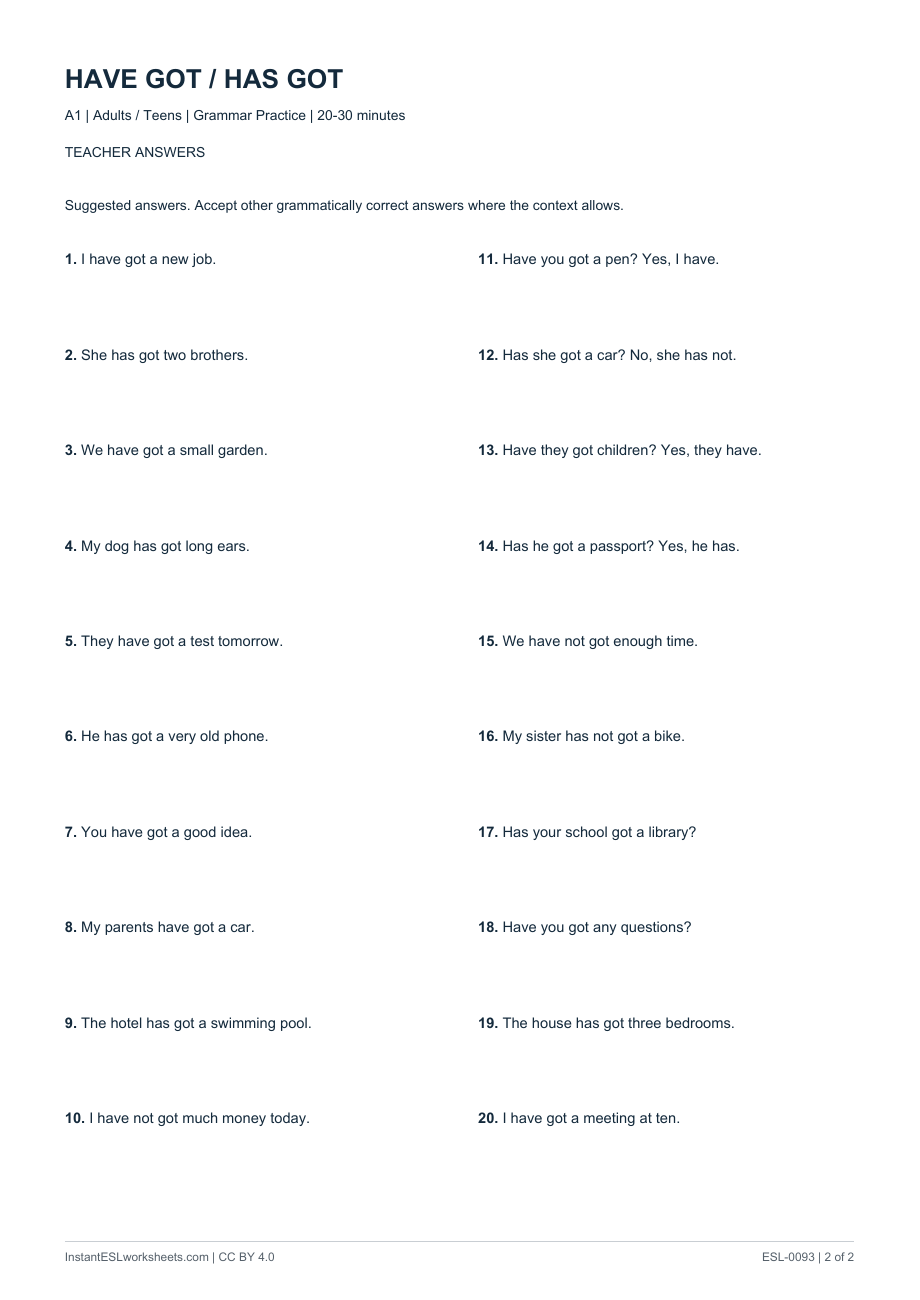 Page 2 of Have Got / Has Got - Question Practice - answer key
