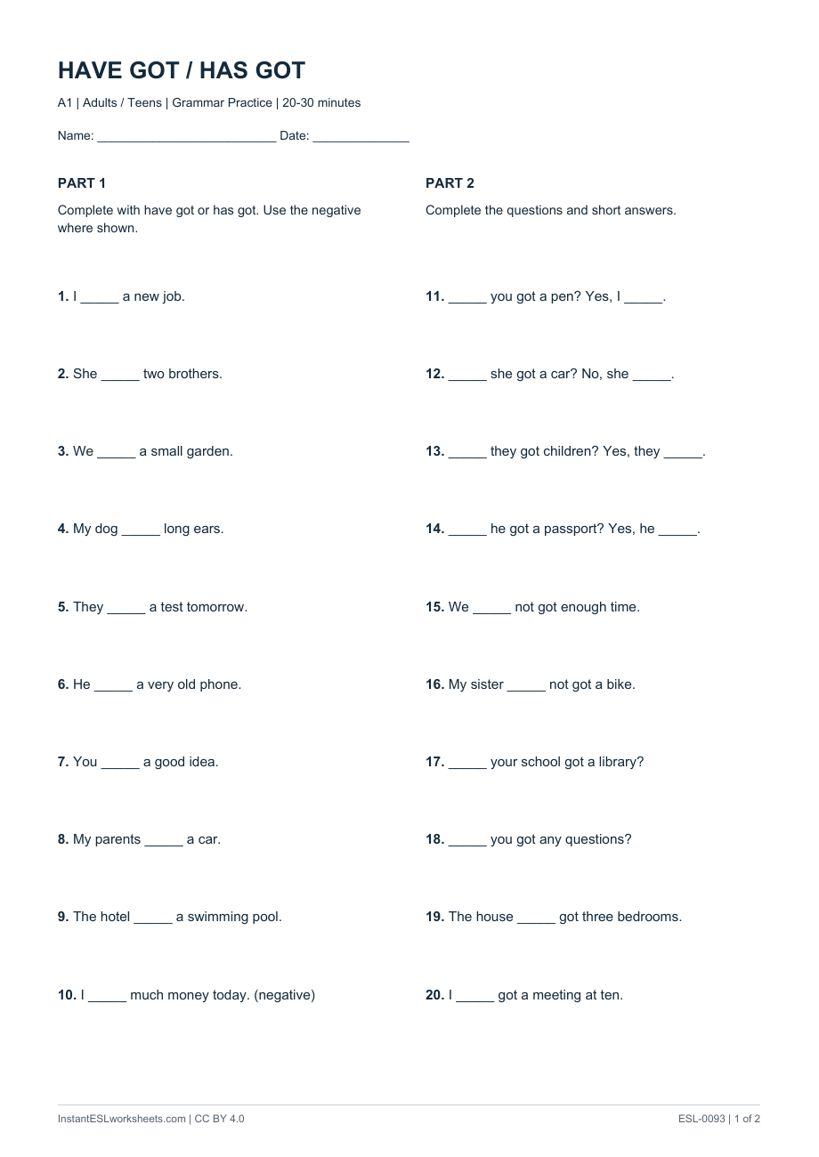 Page 1 of Have Got / Has Got - Question Practice