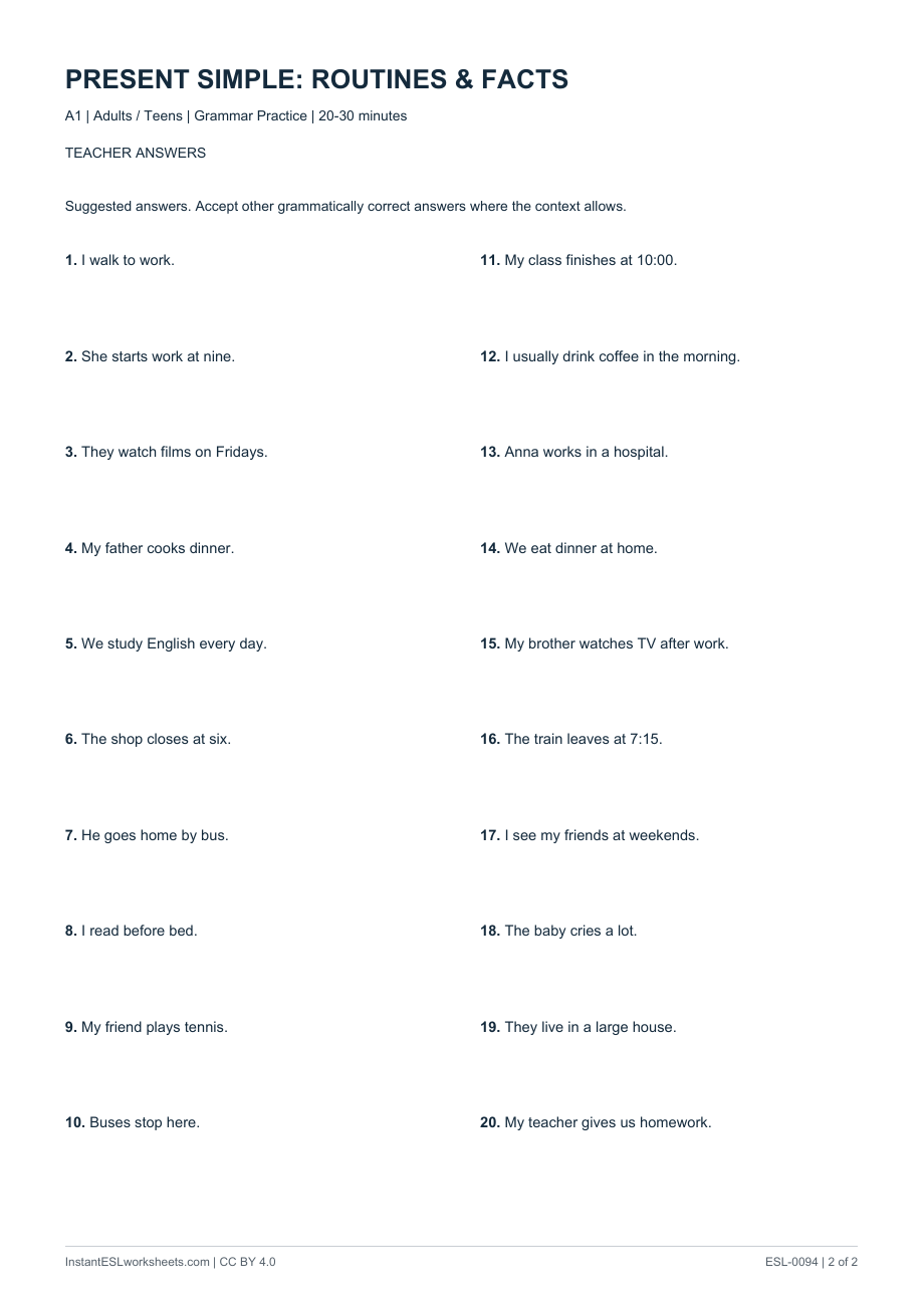 Page 2 of Present Simple: Routines & Facts - Question Practice - answer key