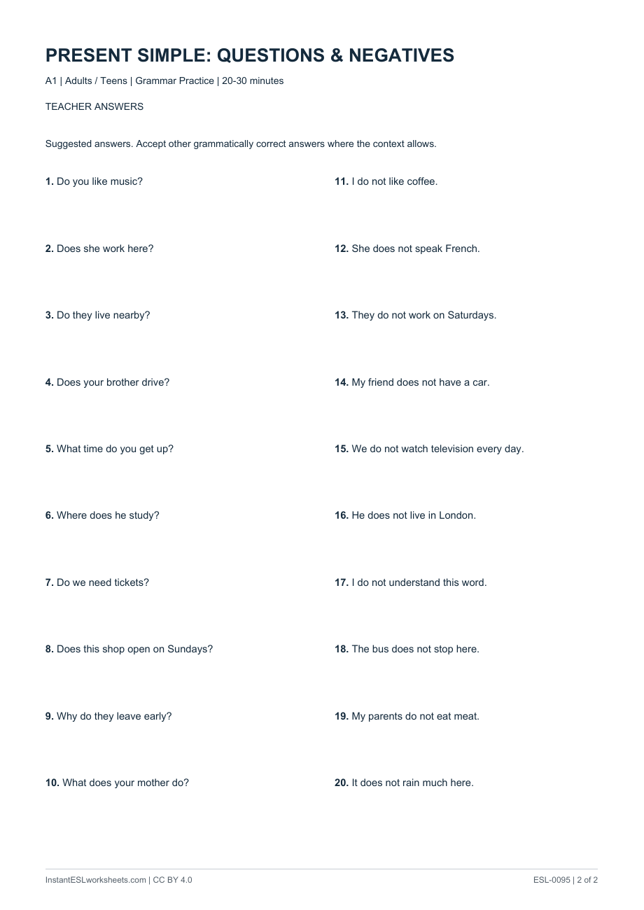 Page 2 of Present Simple: Questions & Negatives - Question Practice - answer key