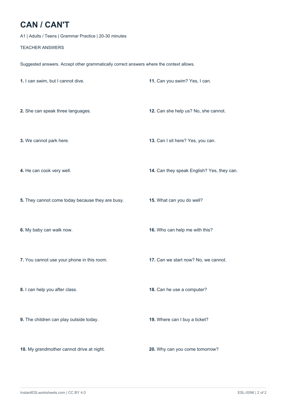 Page 2 of Can / Can't - Question Practice - answer key